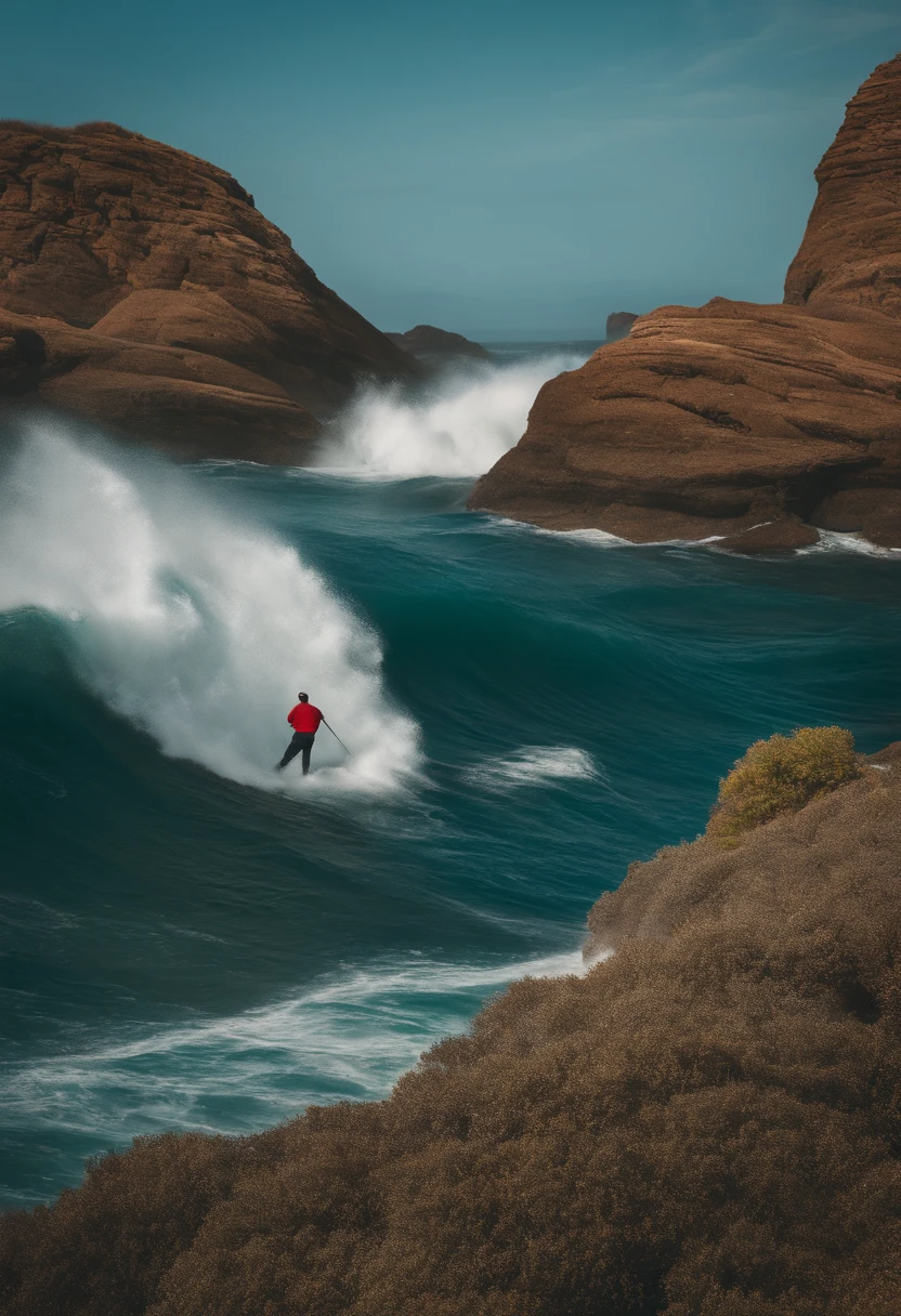 Homem no mar pegando uma onda junto com golfinhos