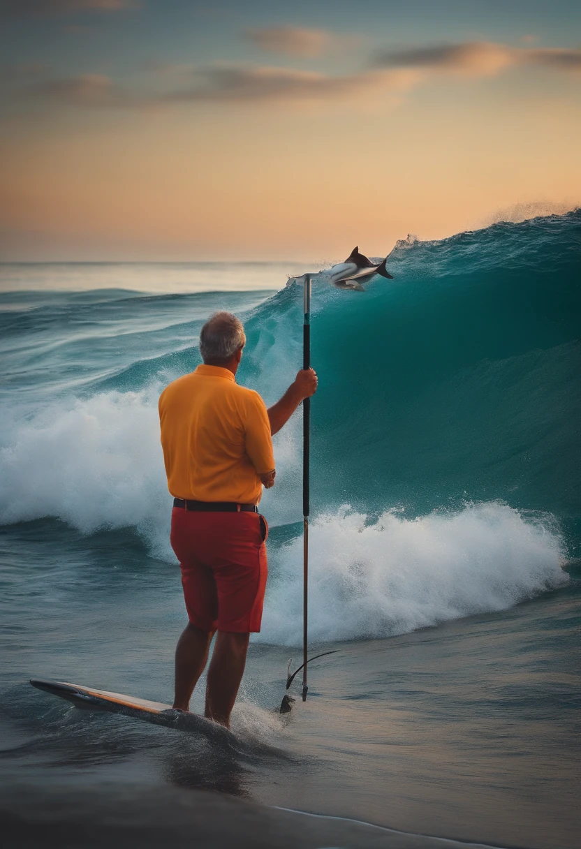 Homem no mar pegando uma onda junto com golfinhos