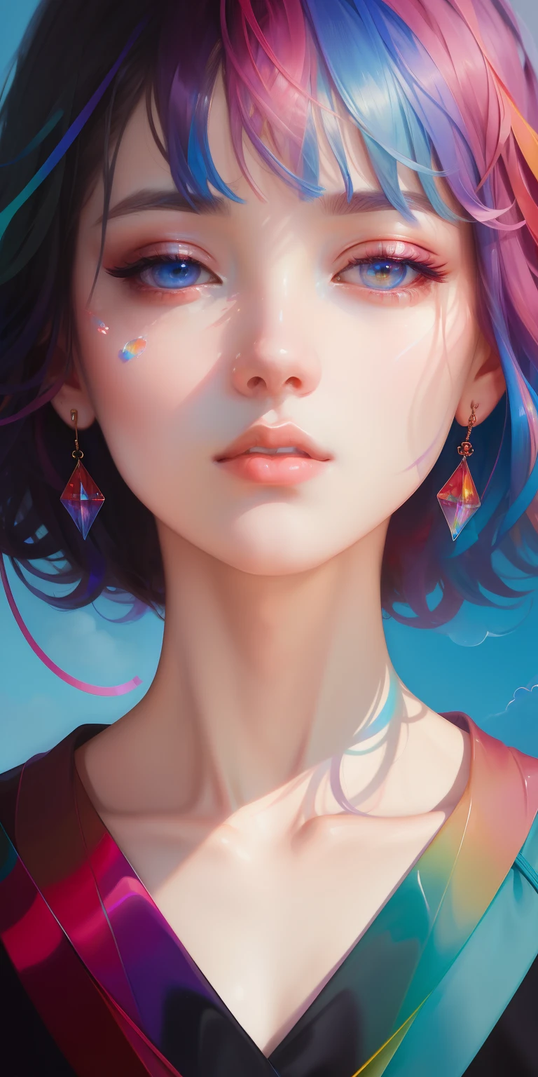_james jean, floating female figure made of ribbons, smoke, in the sky, colorful and vibrant, mystical colors, contemporary impressionism, yanjun cheng portrait painting, iridescent painting, 3/4 perspective view, cute face, low angle, sweeping circling composition, large beautiful crystal eyes, big irises, UHD, HDR, 8K, (Masterpiece:1. 5), (the most beautiful portrait in the world:1.5)