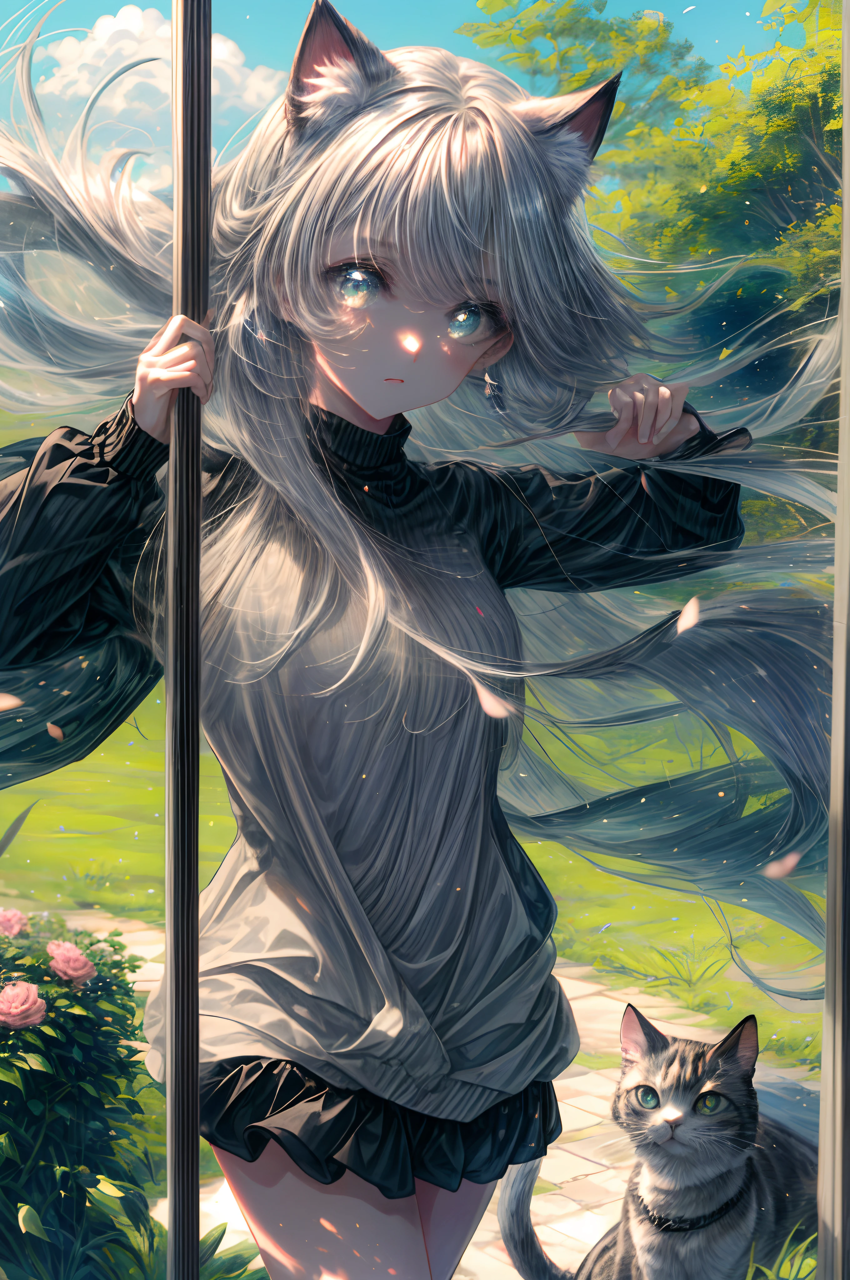 original, (masterpiece), (illustration), (extremely fine and beautiful), perfect detailed, photorealistic, (beautiful and clear background:1.25), (depth of field:0.7), (1 cute girl with (cat ear and cat tail:1.2) stands in the garden:1.1), (cute:1.35), (detailed beautiful eyes:1.3), (beautiful face:1.3), casual, silver hair, silver ear, (blue hair:0.8), (blue ear:0.8), long hair, coat, short skirt, hair blowing with the wind, (blue eye:1.2), flowers, ( girl:0.65), butterflys flying around