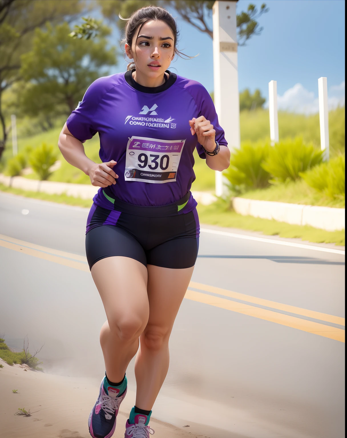 in an outdoor setting, You see a woman running with grace and determination. She's in a natural environment, como uma trilha em meio a uma paisagem pitoresca. The sun shines brightly in the sky, iluminando a cena com calor e luminosidade. The surrounding vegetation is diverse, with trees, arbustos e flores que emolduram o caminho por onde ela passa. The air is impregnated with the fresh aroma of nature, enquanto a brisa suave acaricia seu rosto e cabelo. The woman is wearing comfortable and sporty clothes, permitindo-lhe movimentar-se com facilidade e leveza. His steps are firm and precise, as she indulges in the race with enthusiasm and focus. The trail ahead extends beyond the horizon, convidando-a a explorar e desfrutar da jornada. His expression is concentrated and determined, revealing your dedication to pushing your limits and achieving your goals. The setting is inspiring, Imparting a sense of freedom and empowerment to MED