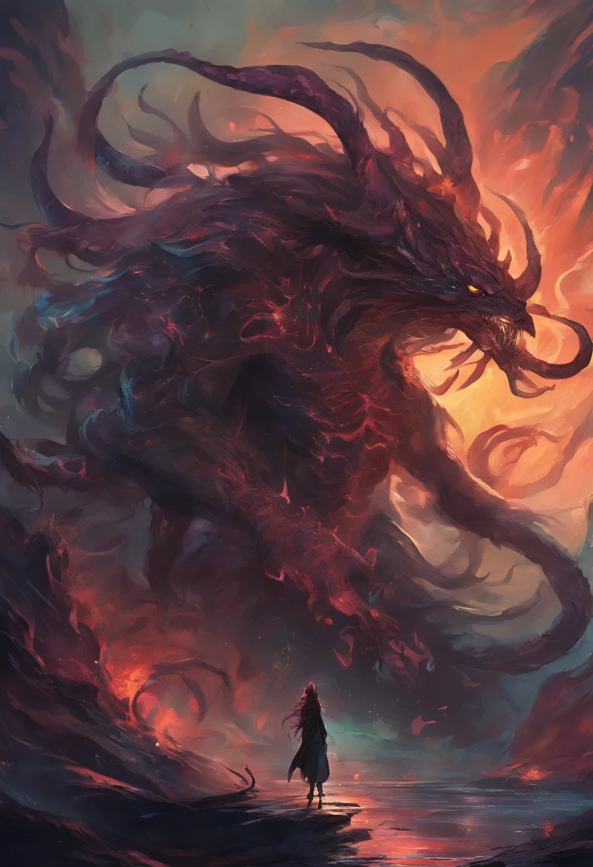Ink monster, demonic, surrounded by black tentacles, anime artstyle, grin, sharp teeth, saliva drippings