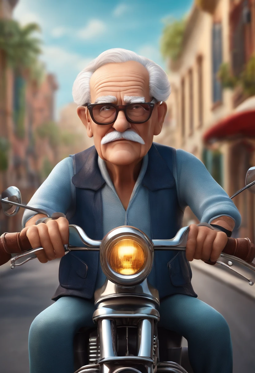 a 3D Disney Pixar style poster of an elderly man with glasses, pilotando uma Harley Davison 883 em um passeio de motocicleta
