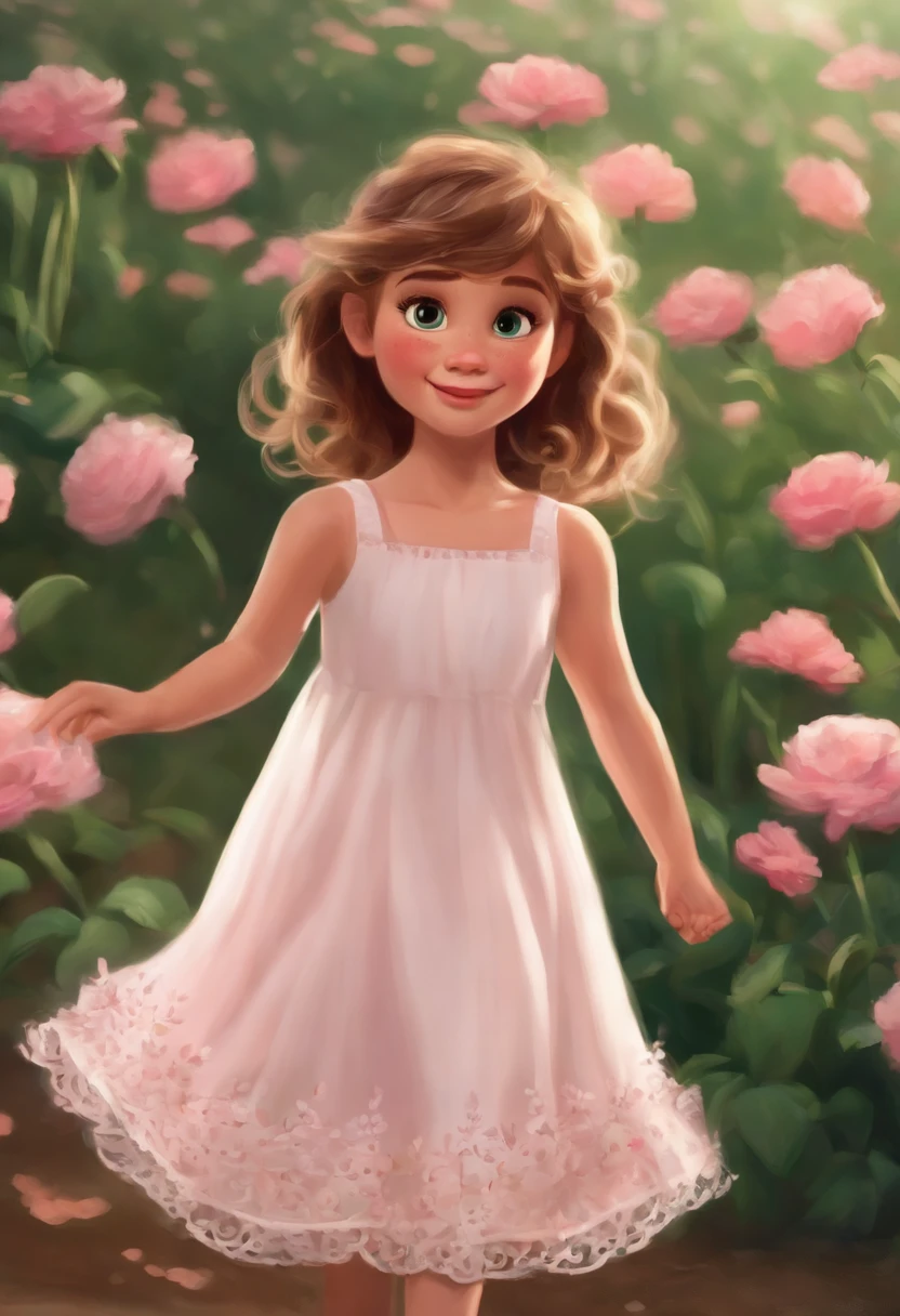 Image of a girl for a story in a YouTube video in Pixar format, she's little Josi, Ela tem cabelos cacheados castanhos escuros na altura dos ombros, Ela tem olhos verdes, She's wearing a white dress with pink, He's outgoing, Playful and gets up for a lot of things, cabelo curto