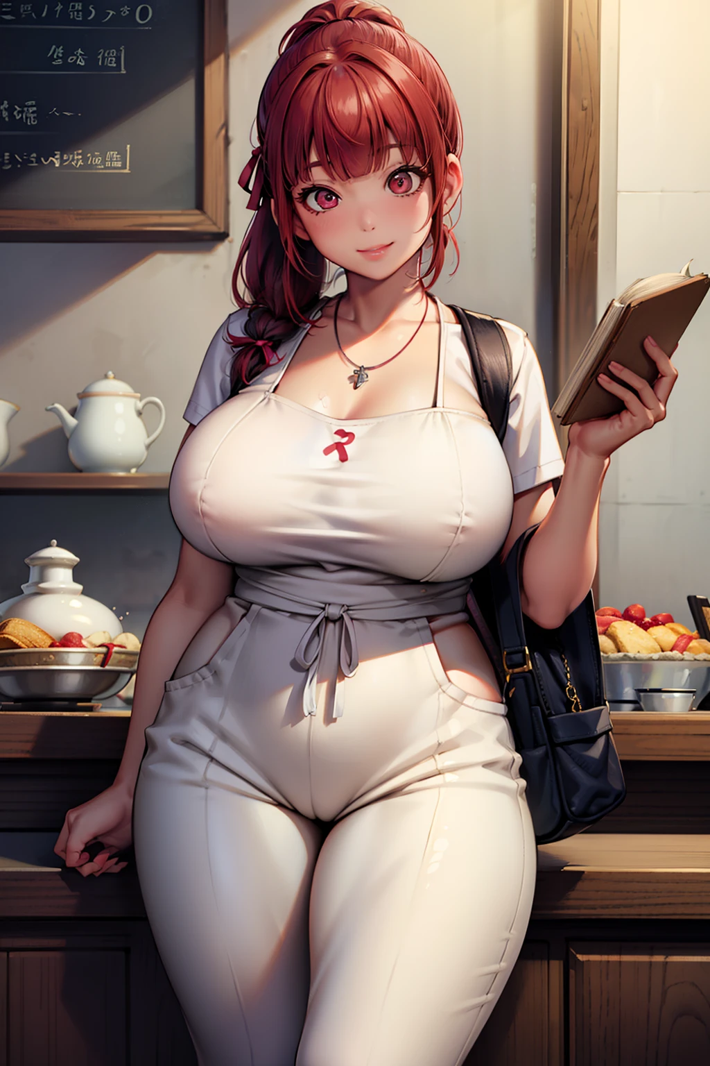 1girl, masterpiece, red hair, asian, blunt bangs, long hair, ponytail, huge breasts, white shirt, apron, pants, necklaces, waitress, shop, thick thighs, light smile, pink eyes, bookbag, hair ribbon, old lady,