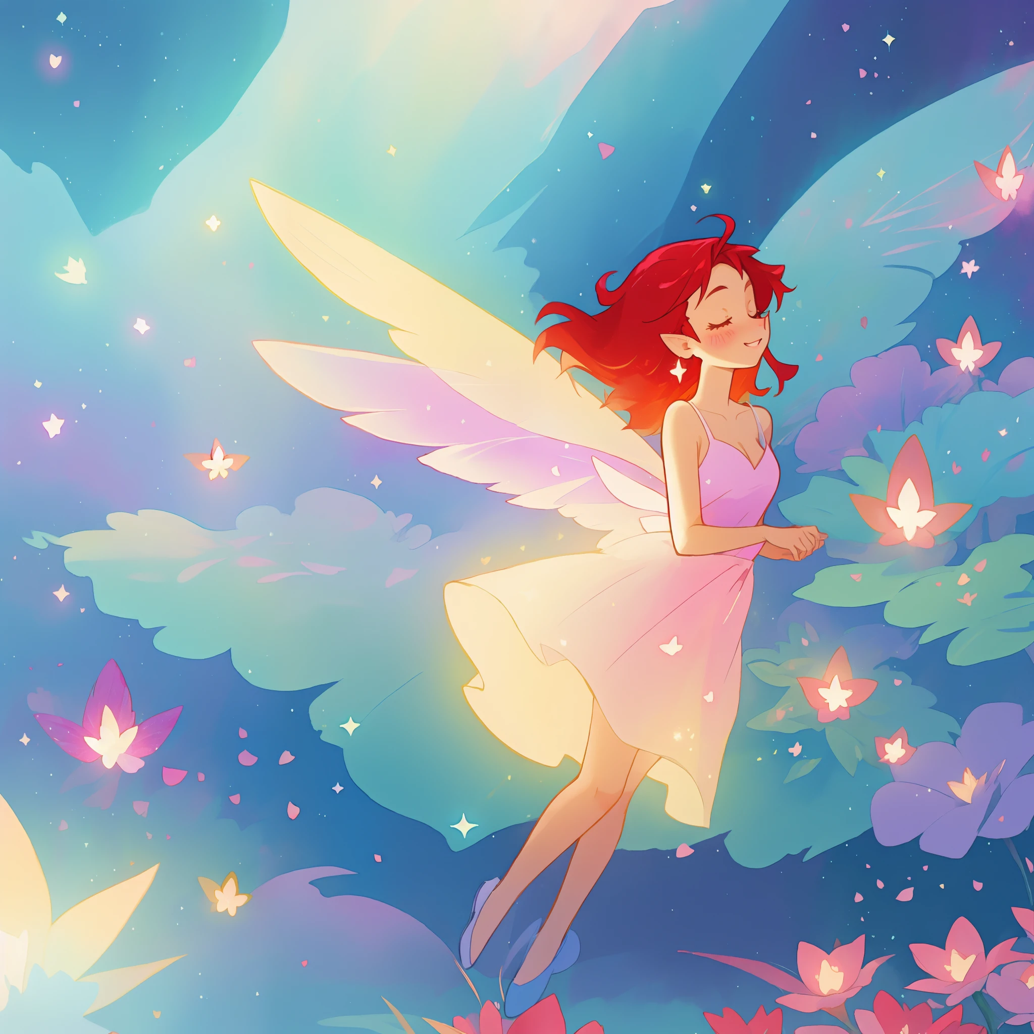 beautiful fairy girl in sparkling flowing dress, fairy dress, (huge sparkling fairy wings), fairy queen, ((magical colorful otherworldly landscape)), (glowing fairy wings), long red colorful hair, sparkling fairy wings, watercolor illustration, flowers and colorful plants, disney art style, glowing aura around her, glowing lights, beautiful digital illustration, fantasia otherworldly landscape plants flowers, beautiful, masterpiece, best quality, anime disney style