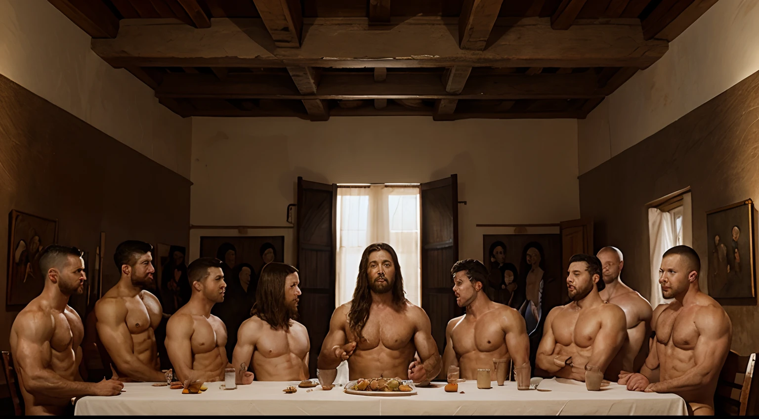 the last supper painting but with naked muscular men instead of disciples