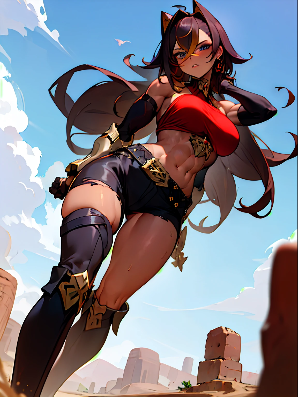 Anime giantess, giant breasts, gigantic breasts, giantess, masterpiece, best quality, flawless skin, detailed eyes, anime giantess, large chest, big breasts, thigh thighs, massive chest, dark brown hair, long hair, blonde highlights, light blue eyes, brown skin, dark skin, viewed from below, low angle, low shot, in desert, shorts, red and black bra, no shirt, highly detailed outfit, detailed character design, massive chest, gigantic chest, confident, mature giantess, dehya, dehya genshin impact, muscles, muscular, tomboy, outdoors, sky in background, giantess growth, growing larger, breast expansion, dark brown skin, dark skin colour, broad frame, giga giantess, giga breasts, sweat, sweaty, huge giantess, mercenary, sexy, confident, self assured, muscle girl, muscular arms, muscular thighs, broad shoulders, biggest breasts, perky breasts, mechanical right arm, garter belts, knee high boots, black boots, wearing multiple belts, bending down, leaning towards viewer, leaning down, facing forward