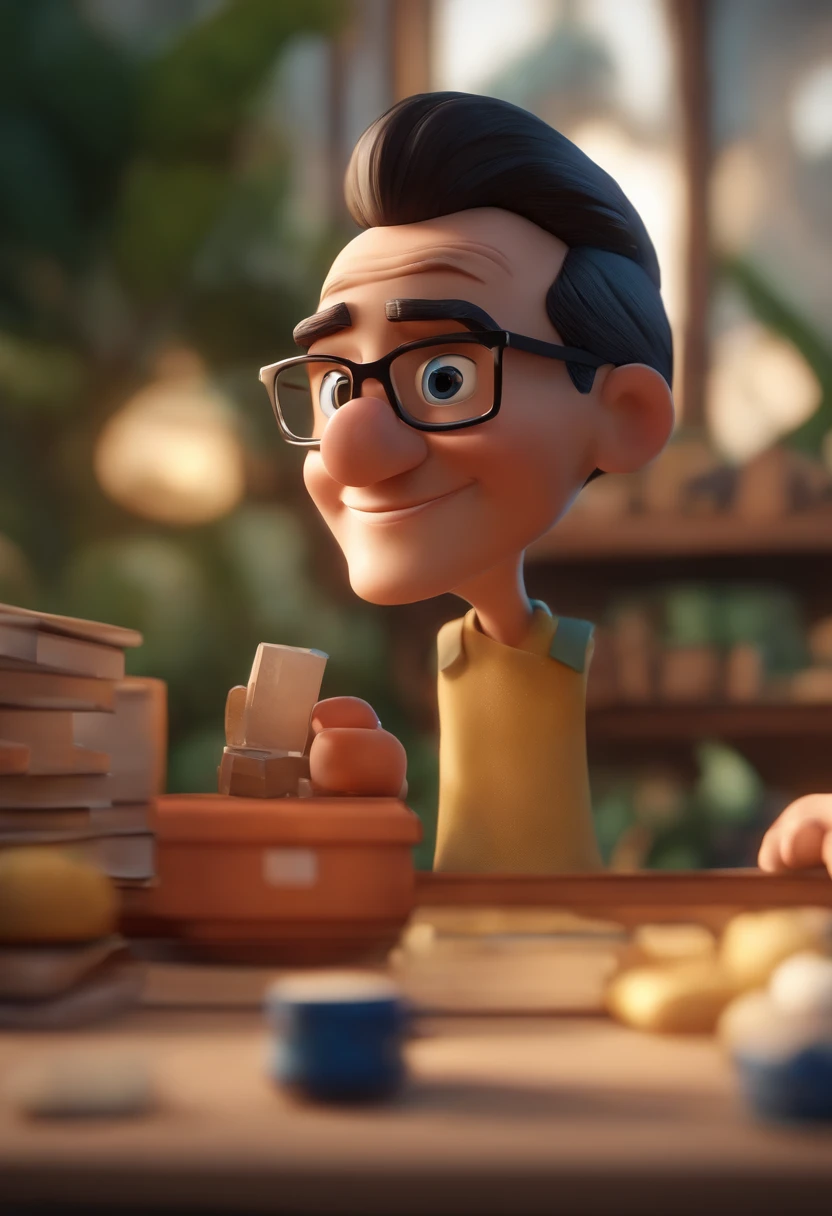 Cartoon character of a man wearing black glasses and a blue shirt, um personagem animado, Caractere estilizado, animation style rendering, 3D estilizado, Arnold Maya render, 3 d render stylized, toon render keyshot, Personagem 3D, Personagem 3D, 3d rendering stylized, 3 d character render, personagem de desenho animado, Personagem de close up, Pose de personagem, (Estilo Pixar) (master part:1.2) (Bokeh) (best quality) (pele detalhada) (textura detalhada) (8k) (argila) (Cinematic lighting) (foco nítido,Senta e vaza a parte superior do corpo