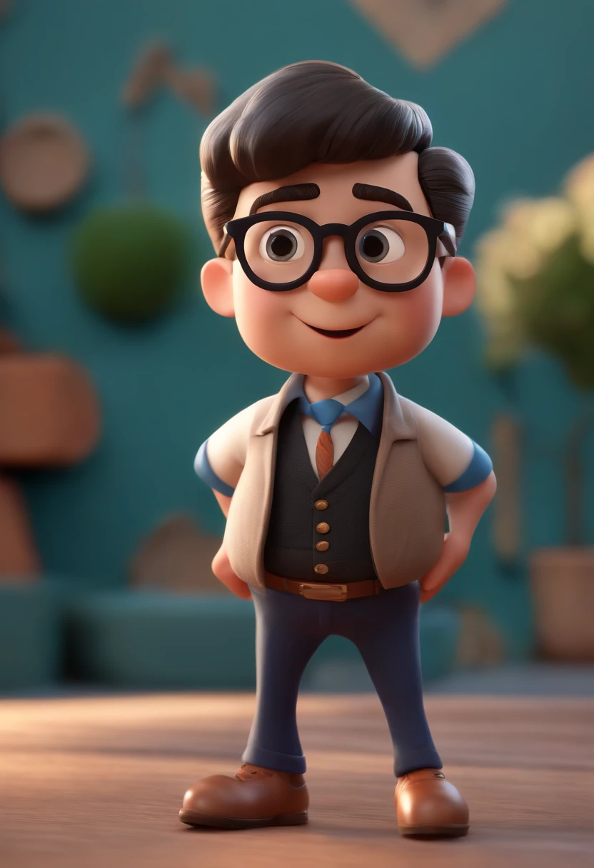 Cartoon character of a man wearing black glasses and a blue shirt, um personagem animado, Caractere estilizado, animation style rendering, 3D estilizado, Arnold Maya render, 3 d render stylized, toon render keyshot, Personagem 3D, Personagem 3D, 3d rendering stylized, 3 d character render, personagem de desenho animado, Personagem de close up, Pose de personagem, (Estilo Pixar) (master part:1.2) (Bokeh) (best quality) (pele detalhada) (textura detalhada) (8k) (argila) (Cinematic lighting) (foco nítido，Senta e vaza a parte superior do corpo