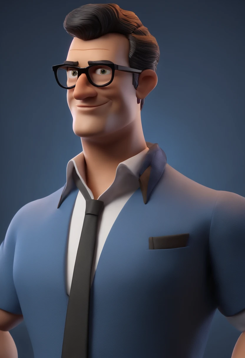Cartoon character of a man wearing black glasses and a blue shirt, um personagem animado, Caractere estilizado, animation style rendering, 3D estilizado, Arnold Maya render, 3 d render stylized, toon render keyshot, Personagem 3D, Personagem 3D, 3d rendering stylized, 3 d character render, personagem de desenho animado, Personagem de close up, Pose de personagem, (Estilo Pixar) (master part:1.2) (Bokeh) (best quality) (pele detalhada) (textura detalhada) (8k) (argila) (Cinematic lighting) (foco nítido，Senta e vaza a parte superior do corpo