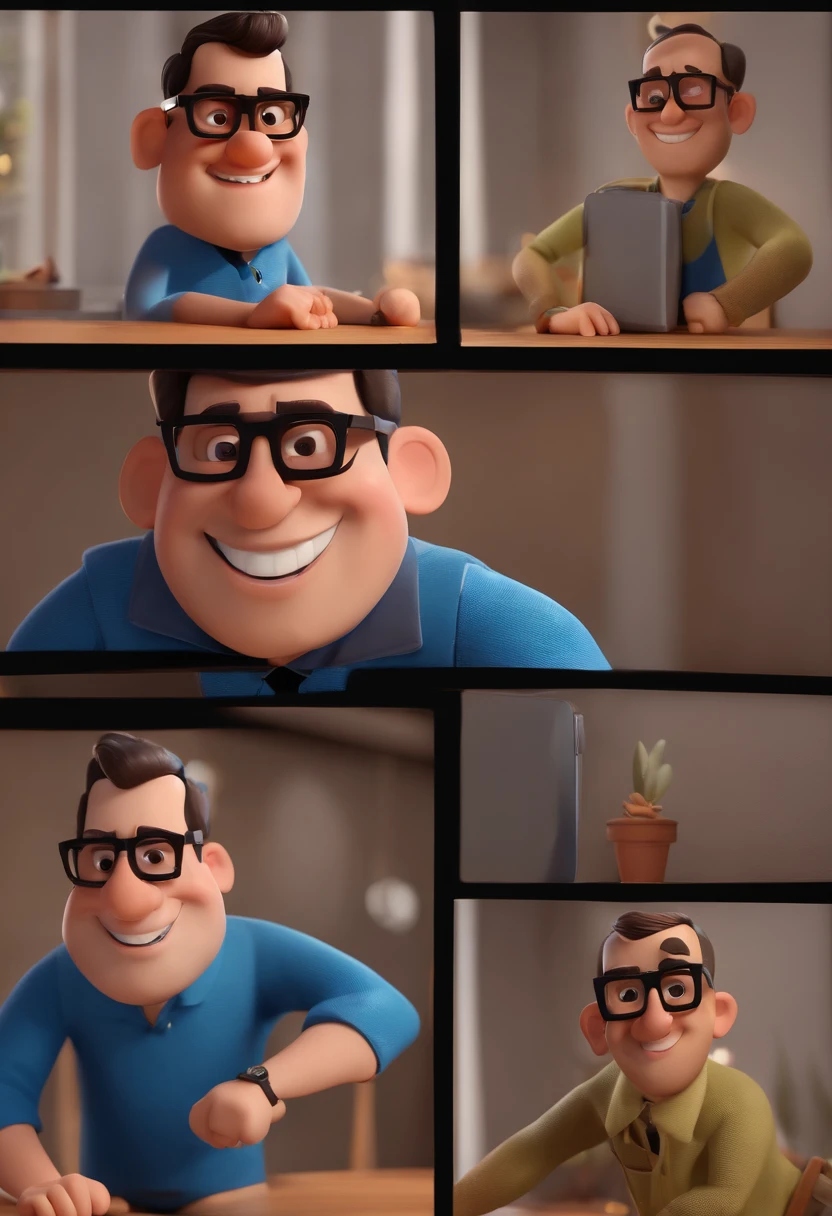 Cartoon character of a man with black glasses and a blue shirt, animation character, Caractere estilizado, animation style rendering, 3D estilizado, Arnold Maya render, 3 d render stylized, toon render keyshot, Personagem 3D, Personagem 3D, 3d rendering stylized, 3 d character render, personagem de desenho animado, Personagem de close up, Pose de personagem, (Estilo Pixar) (master part:1.2) (Bokeh) (best quality) (pele detalhada) (textura detalhada) (8k) (argila) (Cinematic lighting) (foco nítido