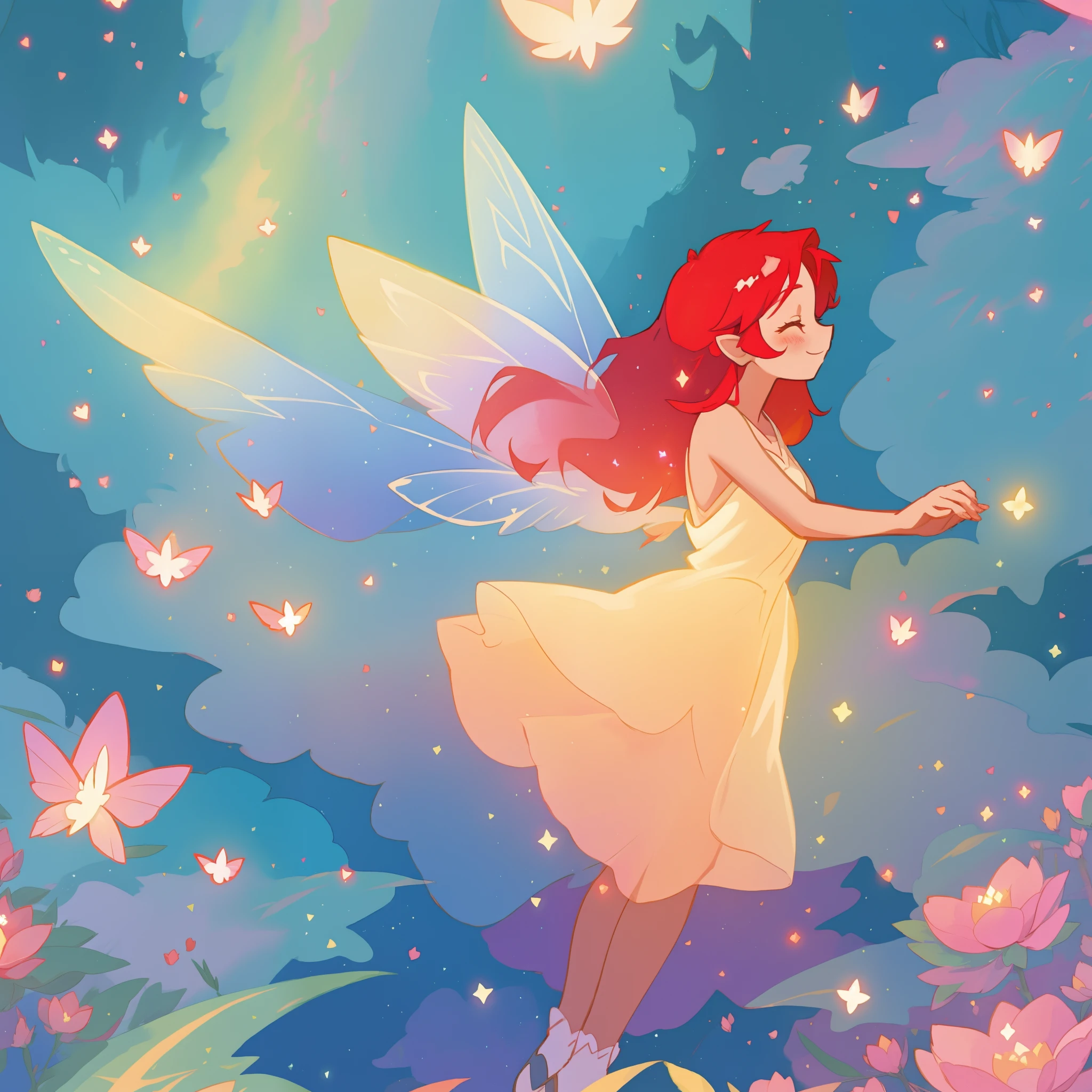 beautiful fairy girl in sparkling flowing dress, fairy dress, (huge sparkling fairy wings), fairy queen, ((magical colorful otherworldly landscape)), (glowing fairy wings), long red colorful hair, sparkling fairy wings, watercolor illustration, flowers and colorful plants, disney art style, glowing aura around her, glowing lights, beautiful digital illustration, fantasia otherworldly landscape plants flowers, beautiful, masterpiece, best quality, anime disney style