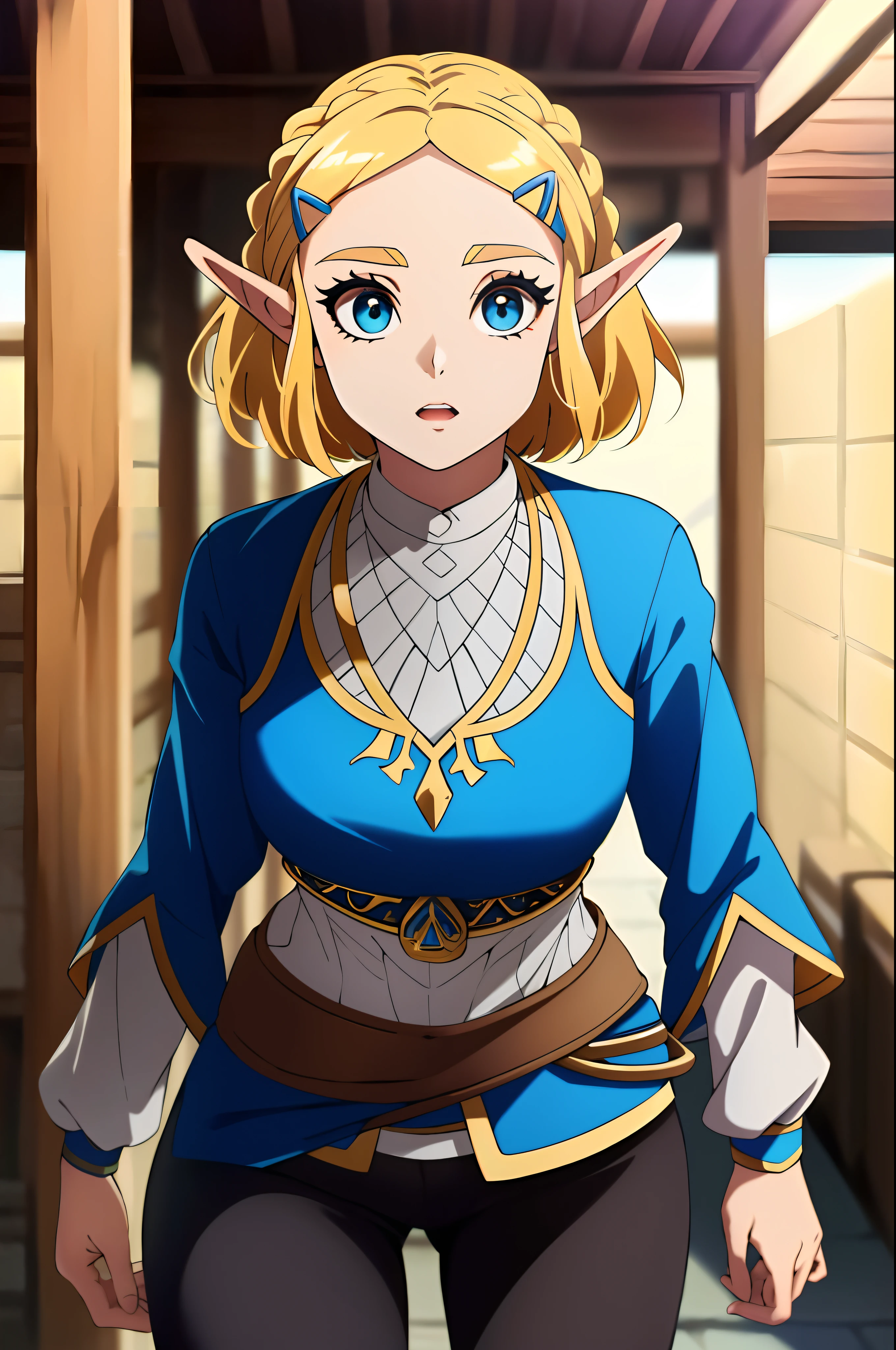 best quality, olhos expressivos, rosto perfeito, short hair, blonde girl, Onze, Zelda Princesa, roupas de princesa zelda, A Lenda de Zelda, Totk, black pants,