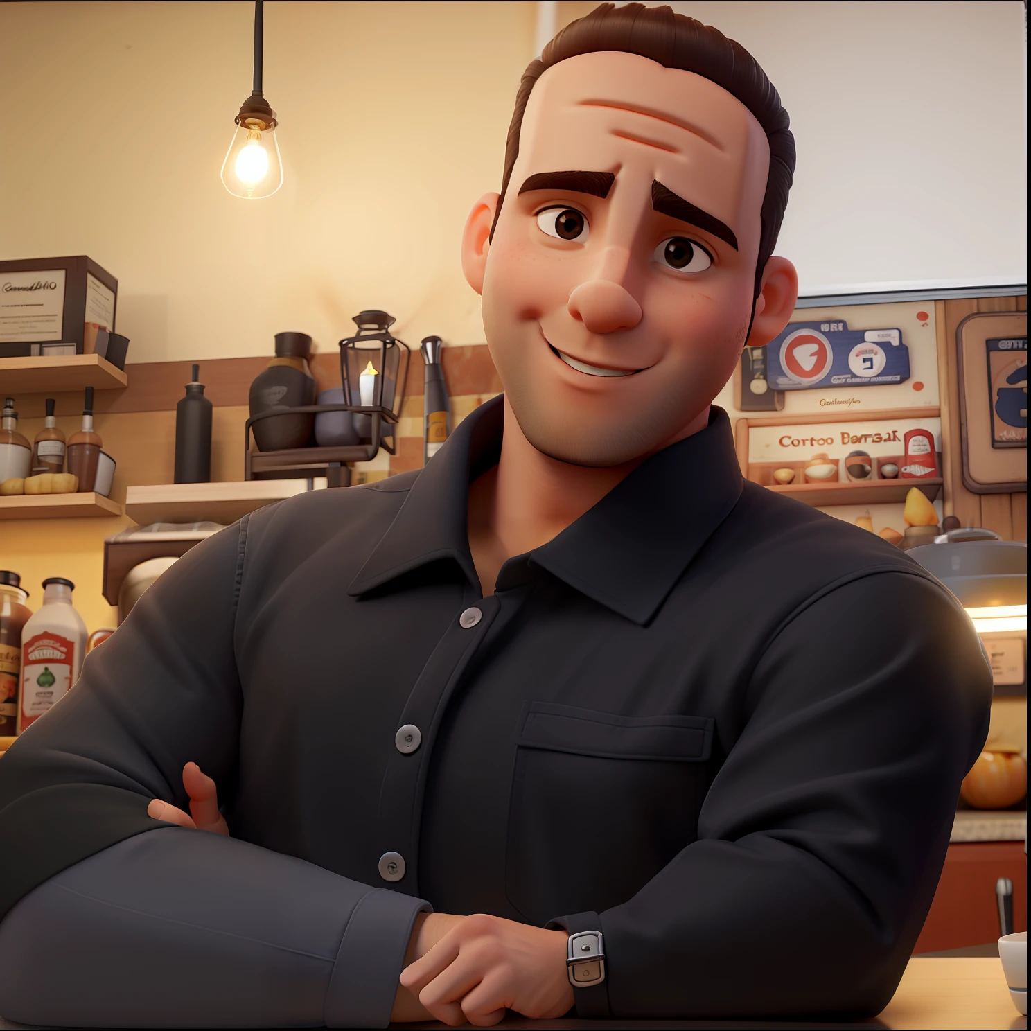 Um gordinho de cabelo cortado em volta de uma cadeira de barbeiroaltura de 1,70, illuminated by the light of a lamp, contra o pano de fundo de uma barbearia