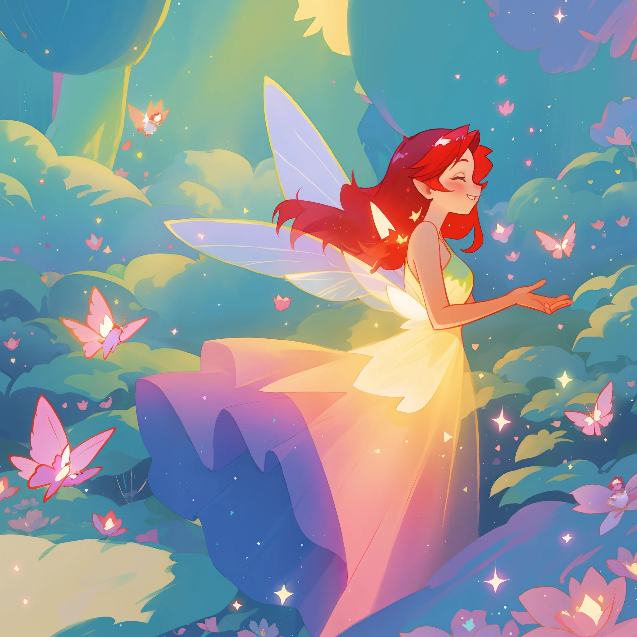 beautiful fairy girl in sparkling flowing dress, fairy dress, (huge sparkling fairy wings), fairy queen, ((magical colorful otherworldly landscape)), (glowing fairy wings), long red colorful hair, sparkling fairy wings, watercolor illustration, flowers and colorful plants, disney art style, glowing aura around her, glowing lights, beautiful digital illustration, fantasia otherworldly landscape plants flowers, beautiful, masterpiece, best quality, anime disney style