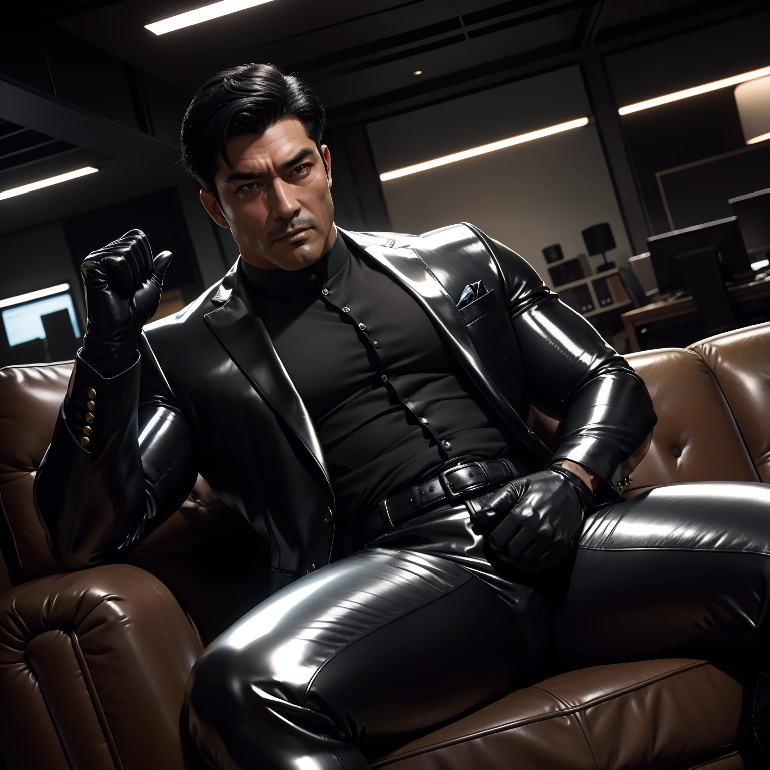 30 years old,daddy,"shiny suit ",Dad sat on sofa,k hd,in the office,"big muscle", gay ,black hair,asia face,masculine,strong man,the boss is,handsome,sex,leather gloves,lecherous dad,look straight ahead,"dad is handsome","gay dad","handsome","raise your hand"