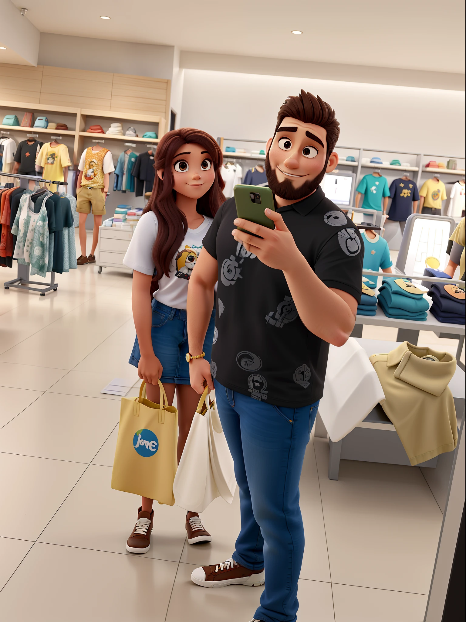 A imagem estilo Disney Pixar mostra uma mulher e um homem em um loja de roupas, posando juntos para uma foto. A mulher branca tem o corpo sexy gordinho e tem longos cabelos escuros, while the man is brown-skinned and has, Cabelos escuros.
The man is using a mobile phone to record the moment, e a mulher segura um saco de compras. The store is full of various pieces of clothing, como camisetas e jeans, that are displayed in different areas of the store. Alguns exemplos incluem uma camiseta no canto superior esquerdo da imagem, outra camiseta no canto superior direito, e um par de jeans no canto inferior direito.
Woman is wearing skirt and t-shirt, while the man is wearing a black shirt with a golden skull print. The scene is a typical depiction of a visit to the mall, com a dupla aproveitando a oportunidade para capturar um momento especial juntos.