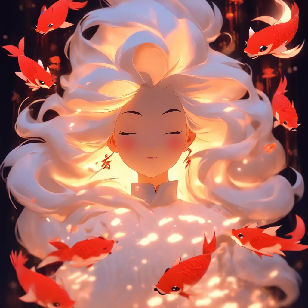 (White background:1.4),(Silhouette of a girl's head, Eyes closed, Long white hair,White fox ears,There are 9 fluffy cartoon fish,The tail has a fiery red color at the end, Oriental elements),(Chinese illustration:1.3,paper art:1.3, Quilted paper art:1.2),( reasonable design, Clear lines, High sharpness,Best quality, Very detailed, Masterpiece, movie light effect, 4K )