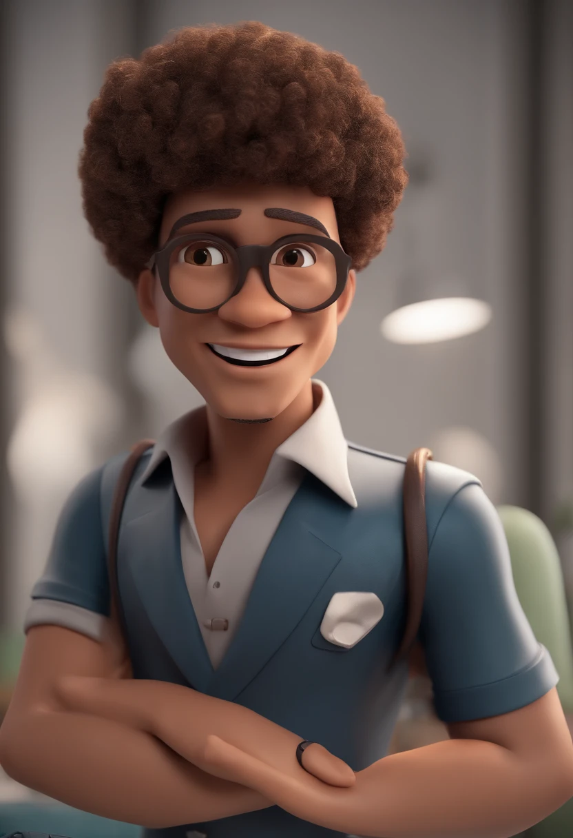 personagem dos desenhos animados um homem de 1,81m de altura, wears brown glasses, tem lentes de resina nos dentes, possui o rosto afilado e tem uma barba completa. His hair is black and his appearance is jovial animation character, Caractere estilizado, animation style rendering, 3D estilizado, Arnold Maya render, 3 d render stylized, toon render keyshot, Personagem 3D, Personagem 3D, 3d rendering stylized, 3 d character render, personagem de desenho animado, Personagem de close up, Pose de personagem, (Estilo Pixar) (master part:1.2) (Bokeh) (best quality) (pele detalhada) (textura detalhada) (8k) (argila) (Cinematic lighting) (foco nítido)
