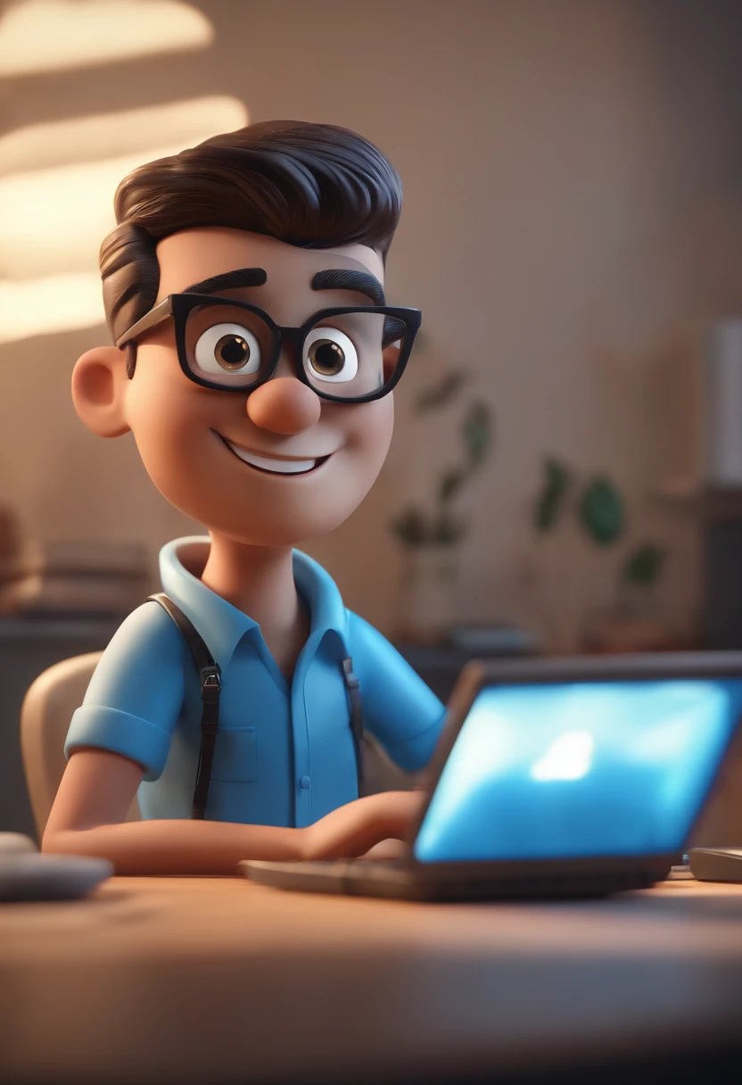 Cartoon character of a man wearing black glasses and a blue shirt in front of a computer writing codes, um personagem animado, Caractere estilizado, animation style rendering, 3D estilizado, Arnold Maya render, 3 d render stylized, toon render keyshot, Personagem 3D, Personagem 3D, 3d rendering stylized, 3 d character render, personagem de desenho animado, Personagem de close up, Pose de personagem, (Estilo Pixar) (master part:1.2) (Bokeh) (best quality) (pele detalhada) (textura detalhada) (8k) (argila) (Cinematic lighting) (foco nítido，Senta e vaza a parte superior do corpo