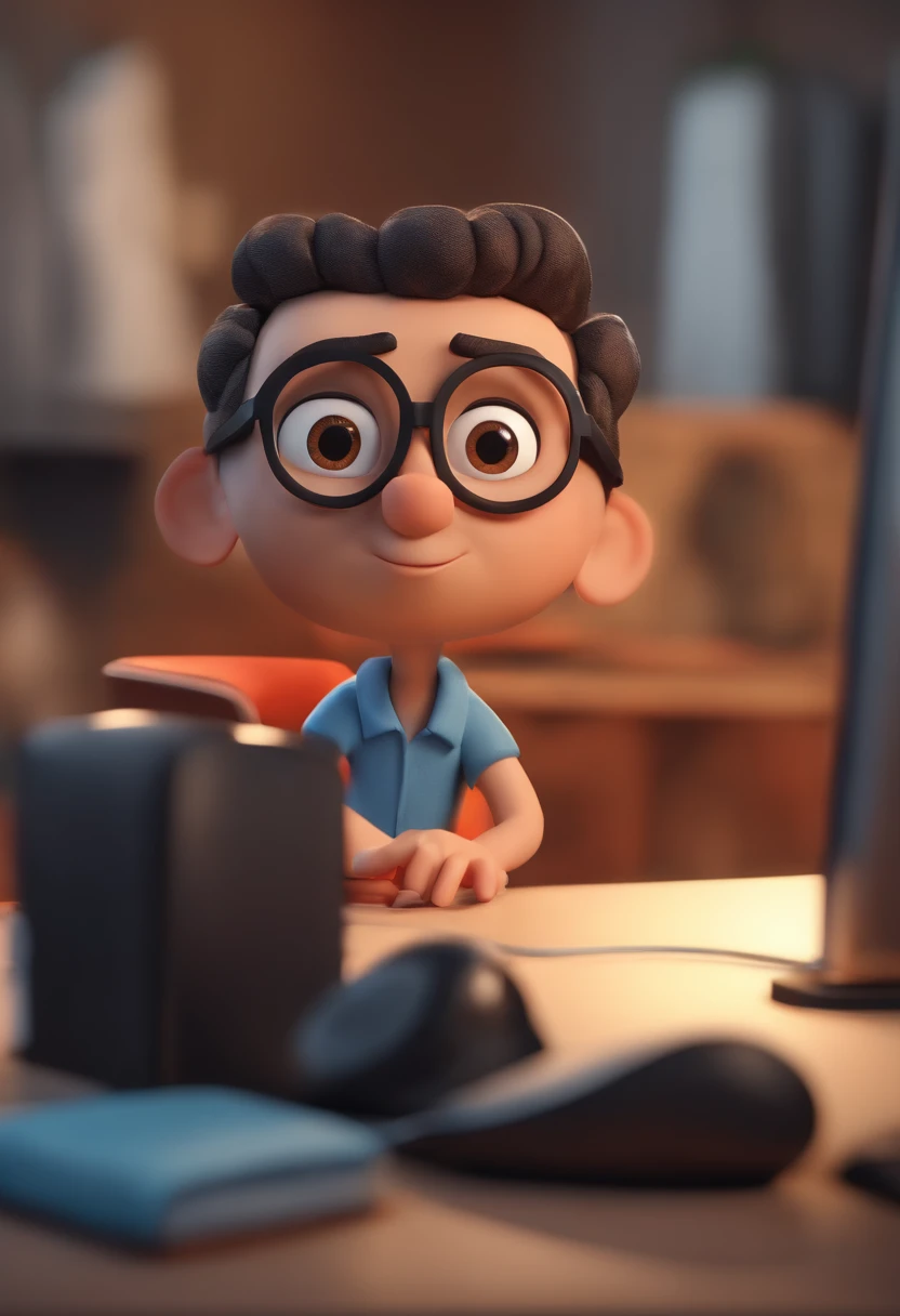 Cartoon character of a man wearing black glasses and a blue shirt in front of a computer writing codes, um personagem animado, Caractere estilizado, animation style rendering, 3D estilizado, Arnold Maya render, 3 d render stylized, toon render keyshot, Personagem 3D, Personagem 3D, 3d rendering stylized, 3 d character render, personagem de desenho animado, Personagem de close up, Pose de personagem, (Estilo Pixar) (master part:1.2) (Bokeh) (best quality) (pele detalhada) (textura detalhada) (8k) (argila) (Cinematic lighting) (foco nítido,Senta e vaza a parte superior do corpo