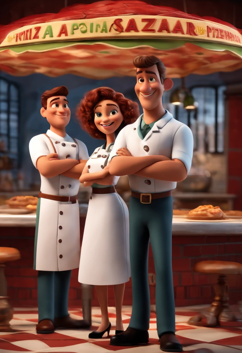 Disney Pixar Movie Style Poster, melhor qualidade e renderizado 3d, of a team of employees of a pizzeria. Pizzaiolo, Waiter and cooks. They are happy and wear uniform. the name of the movie is À Lenha Pizzeria