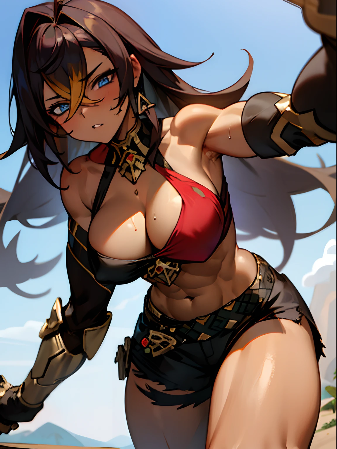 Anime giantess, giant breasts, gigantic breasts, giantess, masterpiece, best quality, flawless skin, detailed eyes, anime giantess, large chest, big breasts, thigh thighs, massive chest, dark brown hair, long hair, blonde highlights, light blue eyes, brown skin, dark skin, viewed from below, low angle, low shot, in desert, shorts, red and black bra, no shirt, highly detailed outfit, detailed character design, massive chest, gigantic chest, confident, mature giantess, dehya, dehya genshin impact, muscles, muscular, tomboy, outdoors, sky in background, giantess growth, growing larger, breast expansion, dark brown skin, dark skin colour, broad frame, giga giantess, giga breasts, sweat, sweaty, huge giantess, mercenary, sexy, confident, self assured, muscle girl, muscular arms, muscular thighs, broad shoulders, biggest breasts, perky breasts, mechanical right arm, bending down, leaning towards viewer, leaning down, facing forward, cowboy shot, close up