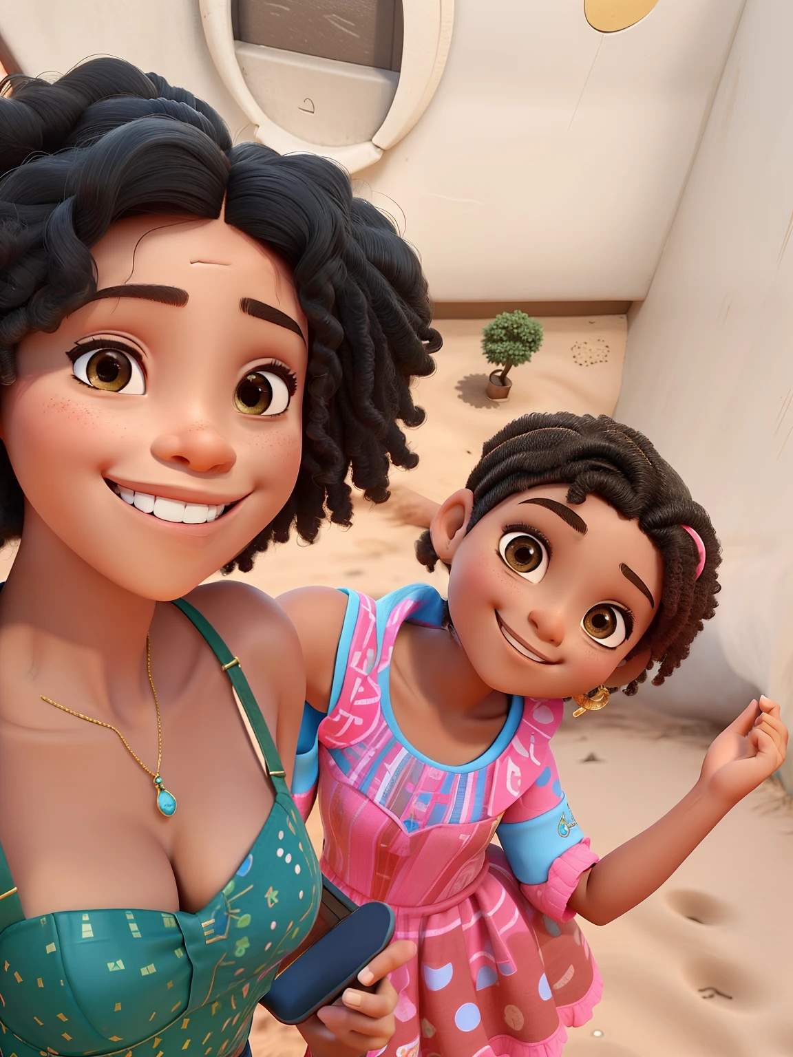 There's a woman and a girl together in the dirt, Menina africana de pele clara, both smiling for the camera, Rostos bonitos, Beautiful girls, com afro, cabrito, com pele parda, Selfie, Duas meninas, pardo, adolescente negra, Salgueiro Soares Jovem, Taliyah Jovem, Salgueiro Soares Zendaya, Ela tem pele marrom oliva, with a kid, criar no formato estilo filme da Disney pixar