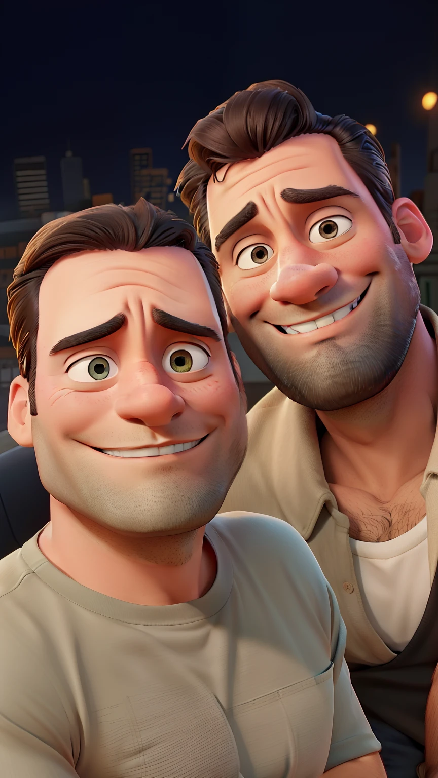 Jon Hamm, Cartoons in orange shirt and black pants, arms crossed, olhando para frente e sorrindo com os dentes aparecendo;