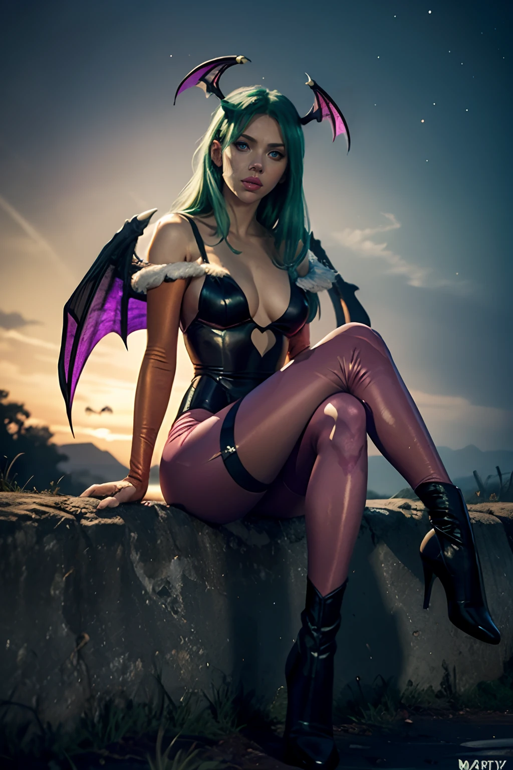 Scarlett Johansson em Creative Artistry Print de Morrigan Aensland Personagem do jogo Darkstalkers em estilo hiper realista, with bat wings on the head, ((asas de morcego nas costas)), ((cabelo verde)), cabelo longo, black swimsuit, purple pantyhose, Beige gloves covering the entire arm, bota preta, par de botas pretas, medium bust, rosto de pele branca, arte de corpo inteiro,  a noite, lunar illumination.