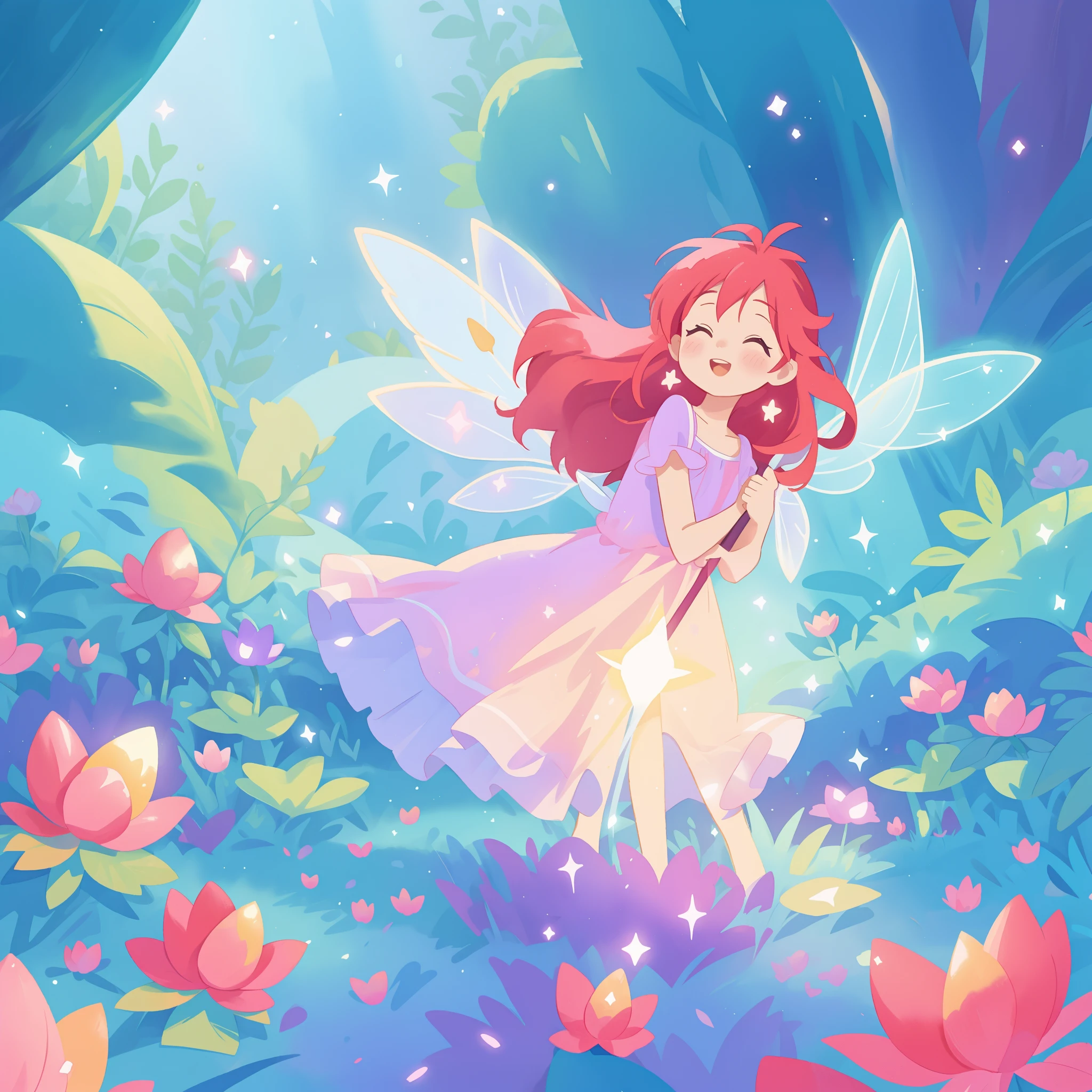 beautiful fairy girl in sparkling flowing dress, fairy dress, (huge sparkling fairy wings), fairy queen, ((magical colorful otherworldly landscape)), (glowing fairy wings), long red colorful hair, sparkling fairy wings, watercolor illustration, flowers and colorful plants, disney art style, glowing aura around her, glowing lights, beautiful digital illustration, fantasia otherworldly landscape plants flowers, beautiful, masterpiece, best quality, anime disney style