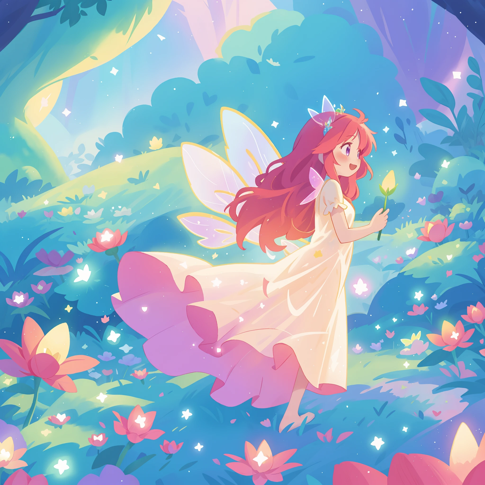 beautiful fairy girl in sparkling flowing dress, fairy dress, (huge sparkling fairy wings), fairy queen, ((magical colorful otherworldly landscape)), (glowing fairy wings), long red colorful hair, sparkling fairy wings, watercolor illustration, flowers and colorful plants, disney art style, glowing aura around her, glowing lights, beautiful digital illustration, fantasia otherworldly landscape plants flowers, beautiful, masterpiece, best quality, anime disney style