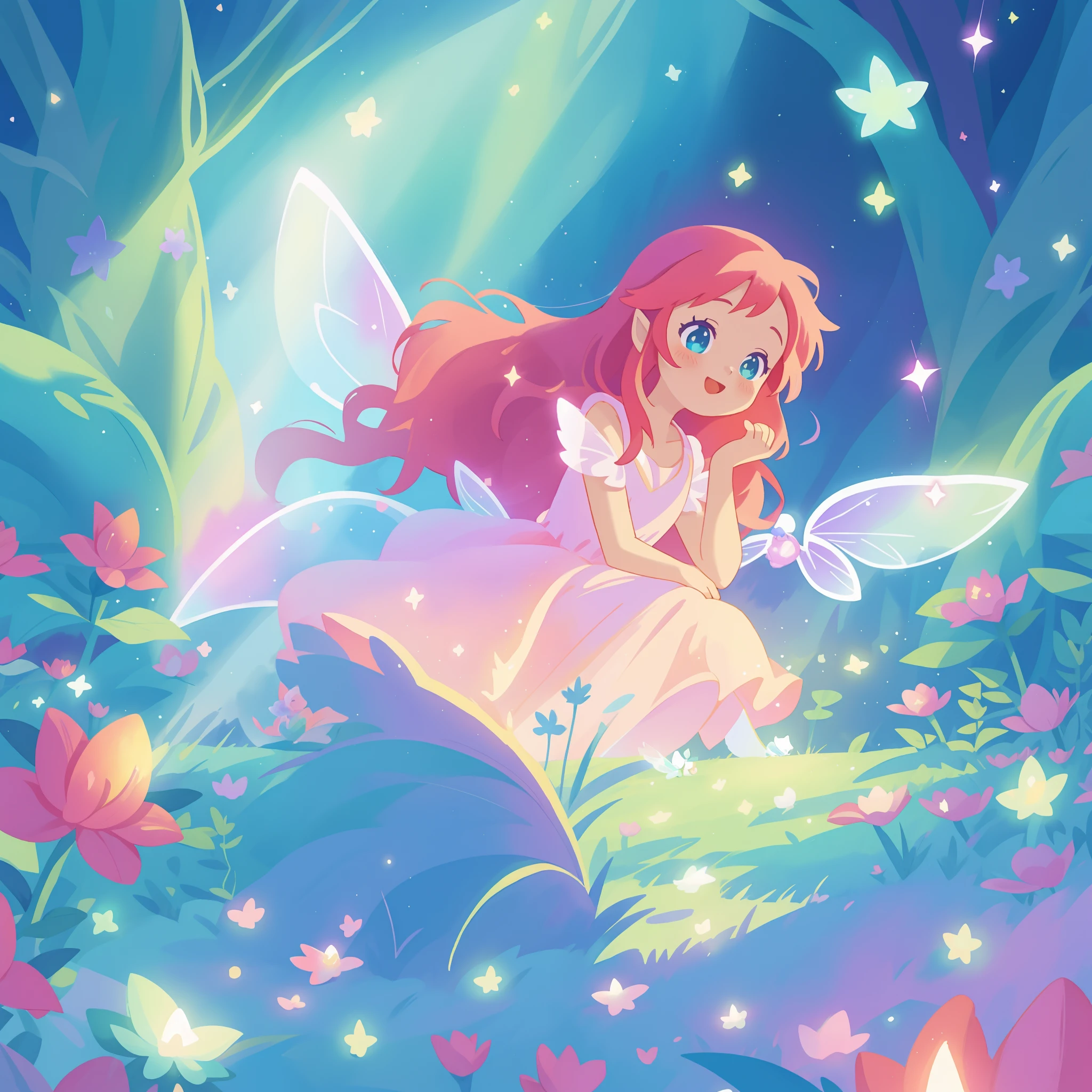 beautiful fairy girl in sparkling flowing dress, fairy dress, (huge sparkling fairy wings), fairy queen, ((magical colorful otherworldly landscape)), (glowing fairy wings), long red colorful hair, sparkling fairy wings, watercolor illustration, flowers and colorful plants, disney art style, glowing aura around her, glowing lights, beautiful digital illustration, fantasia otherworldly landscape plants flowers, beautiful, masterpiece, best quality, anime disney style