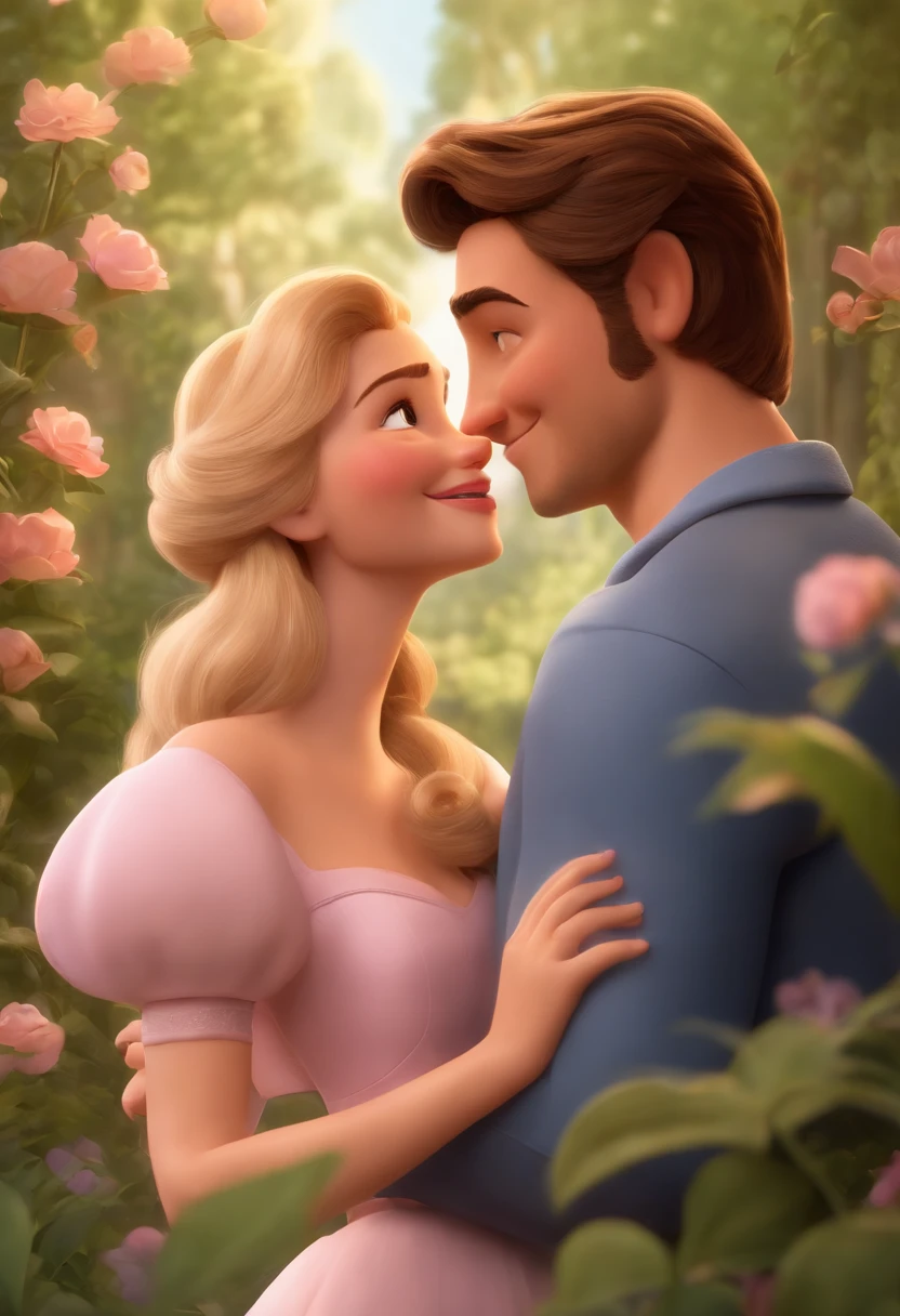 Disney Pixar-style cartoon that represents a special and intimate moment between a couple of young people in love. In the scene, a man with light hair, fair skin, beard, white dress shirt and beige pants and a woman, with light hair, fair skin, pink dress, are in a passionate embrace and exchange a kiss. The man is positioned behind the woman, both smiling. The woman is holding a charming hat. The landscape around them is a natural scene, full of trees and flowers, which frame the couple and add a romantic touch to the scene. The scene takes place on a stone path, and the couple is to the right of this path, with the man facing the right and the woman facing the left. The image must capture all the magic and emotion of this unique moment in the couple's lives, all in Disney Pixar style.