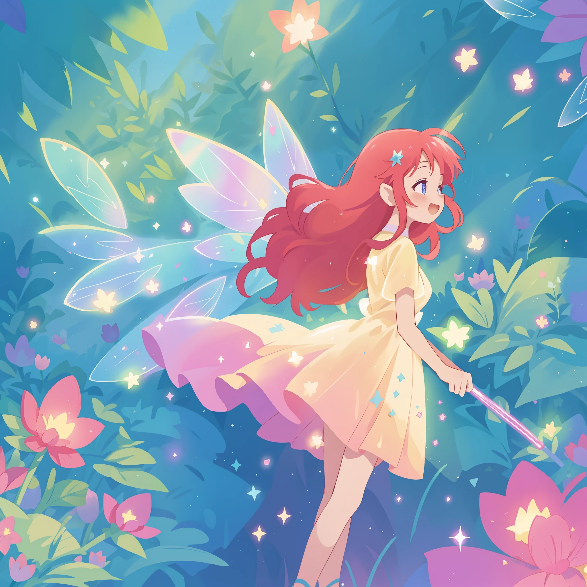 beautiful fairy girl in sparkling flowing dress, fairy dress, (huge sparkling fairy wings), fairy queen, ((magical colorful otherworldly landscape)), (glowing fairy wings), long red colorful hair, sparkling fairy wings, watercolor illustration, flowers and colorful plants, disney art style, glowing aura around her, glowing lights, beautiful digital illustration, fantasia otherworldly landscape plants flowers, beautiful, masterpiece, best quality, anime disney style