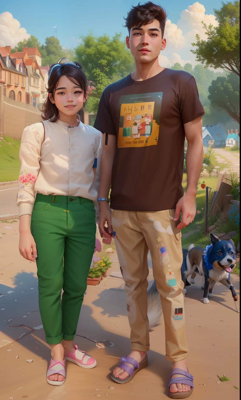 (best quality,4k,8k,highres,masterpiece:1.2),ultra-detailed,(realistic,photorealistic,photo-realistic:1.37),beautiful detailed eyes,beautiful detailed lips,extremely detailed eyes and face,longeyelashes,cute cartoon boy with dog walking on a pathway,charming digital painting,children's art in art station,cute digital art,cute and detailed digital art,digital cartoon painting, cartoon digital painting, by Yang J, by Ni Duan,cute detailed artwork,adorable young boy,author: Yang Borun,highly detailed digital painting,cute cartoon,sunny and cheerful day