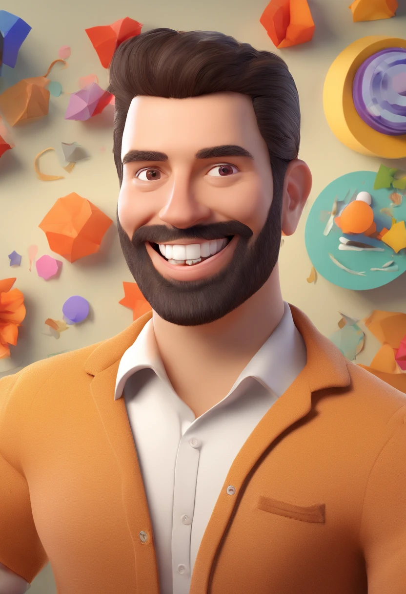 Smiling Man Illustration, sorriso insano, Homem de pele marrom com um sorriso gigante, happily smiling at the camera, sorriso atrevido, he's smiling, sorriso muito grande, Macho sorridente, foto de perfil headshot, rindo sorriso enorme, desenhando no estilo de Arte 3D, c4d, fundo de cor branco puro, estilo disney, estilo pixar render ilustracao Super Detalhe, 8k