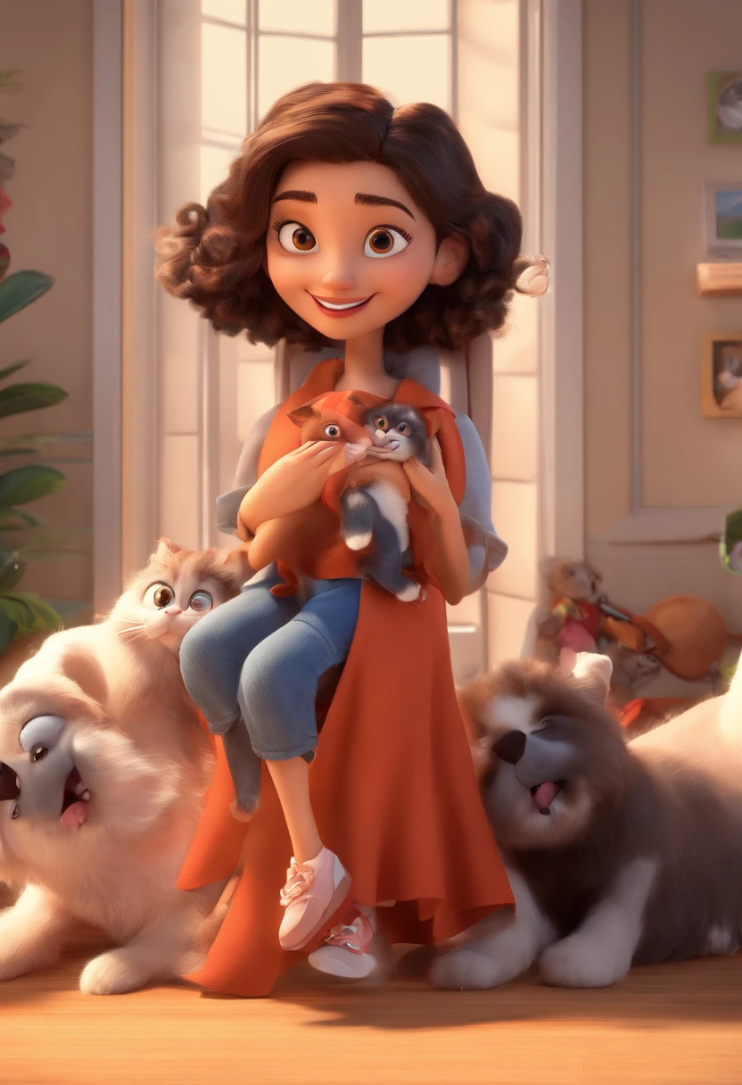 Estilo Pixar:mulher morena, cabelos longos ondulado escuro, Dark Brown Eyes Hugging Catsce Dogs.
