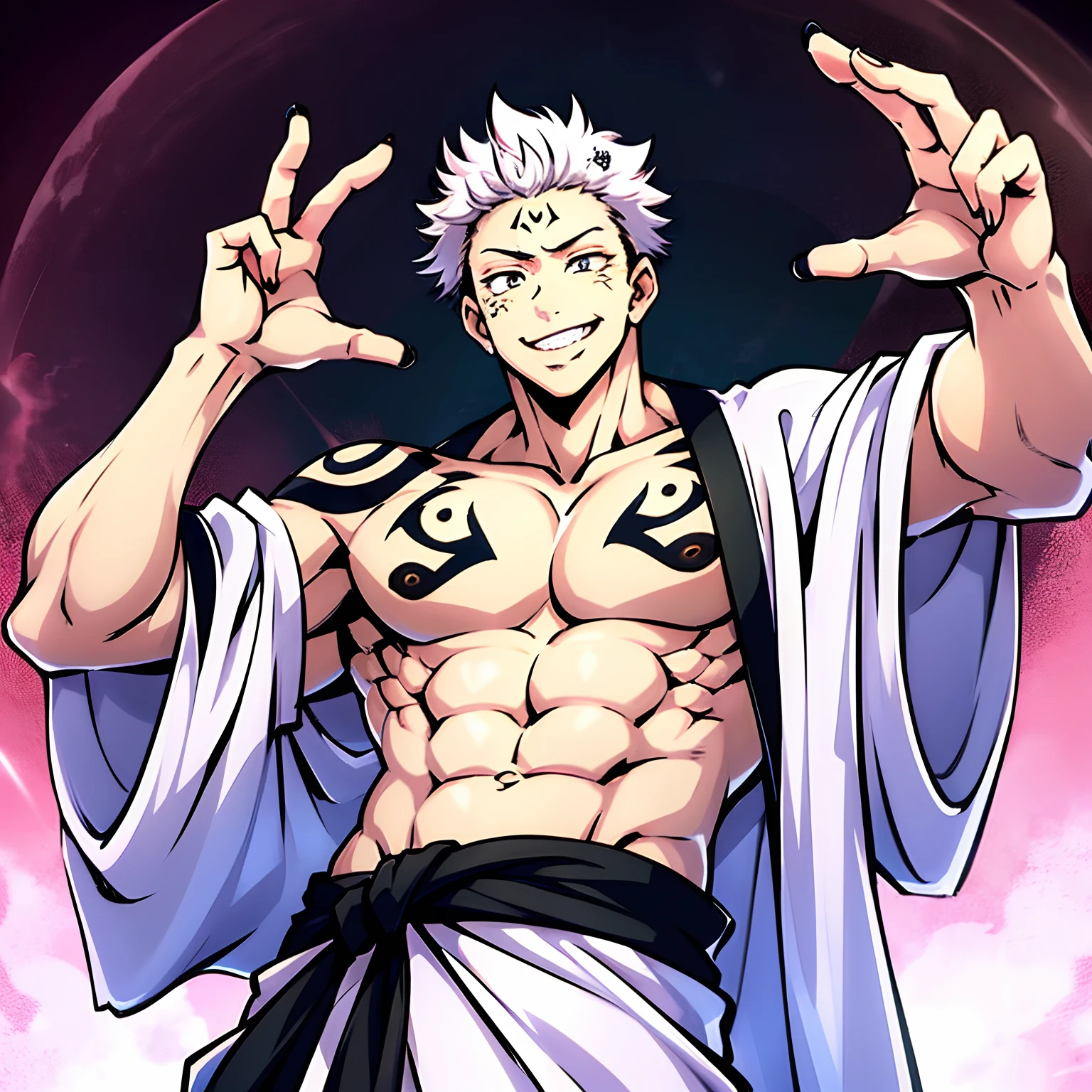 Tall man, long white hair, smiling, black tattoo markings, Ryömen Sukuna, Sukuna, Ryömen, Sukuna Ryömen, Satoru Gojo, Gojo Satoru, Gojo, Satoru, Toji, Fushigoro Toji, Toji Fushigoro, Muscular Male, strong, wearing a long open white robe, showing off chest and black tattoos, powerful, majestic looking, elegant, hyper detailed, 8k style, complex, one man, one male, sole male, lean physique, divine