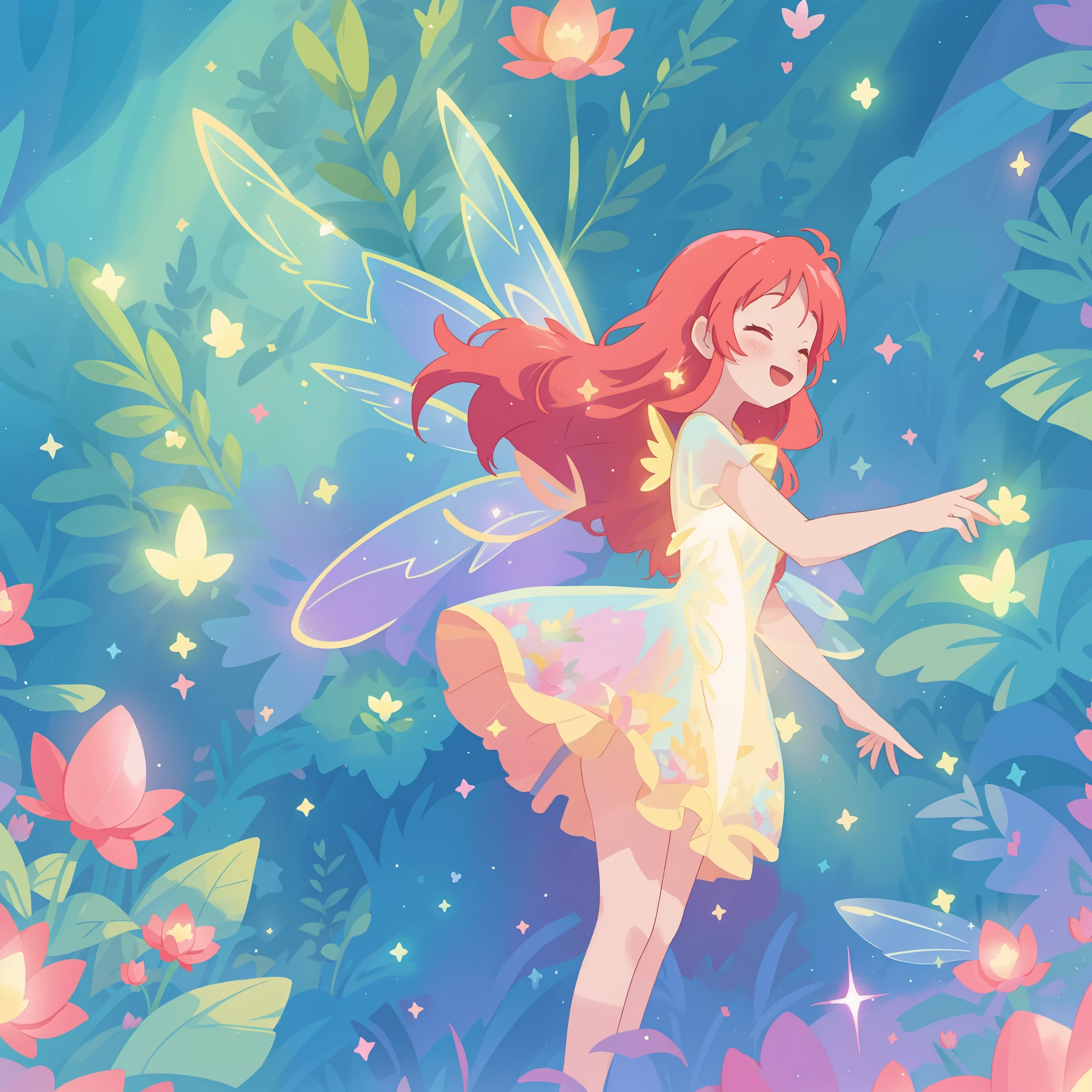 beautiful fairy girl in sparkling flowing dress, fairy dress, (huge sparkling fairy wings), fairy queen, ((magical colorful otherworldly landscape)), (glowing fairy wings), long red colorful hair, sparkling fairy wings, watercolor illustration, flowers and colorful plants, disney art style, glowing aura around her, glowing lights, beautiful digital illustration, fantasia otherworldly landscape plants flowers, beautiful, masterpiece, best quality, anime disney style