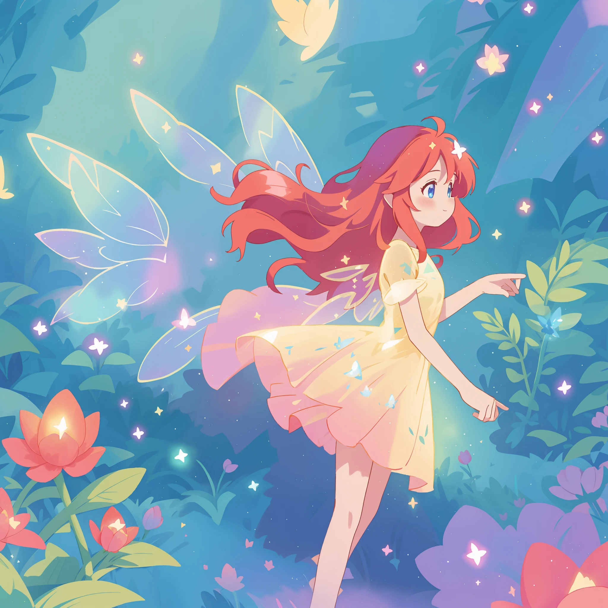 beautiful fairy girl in sparkling flowing dress, fairy dress, (huge sparkling fairy wings), fairy queen, ((magical colorful otherworldly landscape)), (glowing fairy wings), long red colorful hair, sparkling fairy wings, watercolor illustration, flowers and colorful plants, disney art style, glowing aura around her, glowing lights, beautiful digital illustration, fantasia otherworldly landscape plants flowers, beautiful, masterpiece, best quality, anime disney style