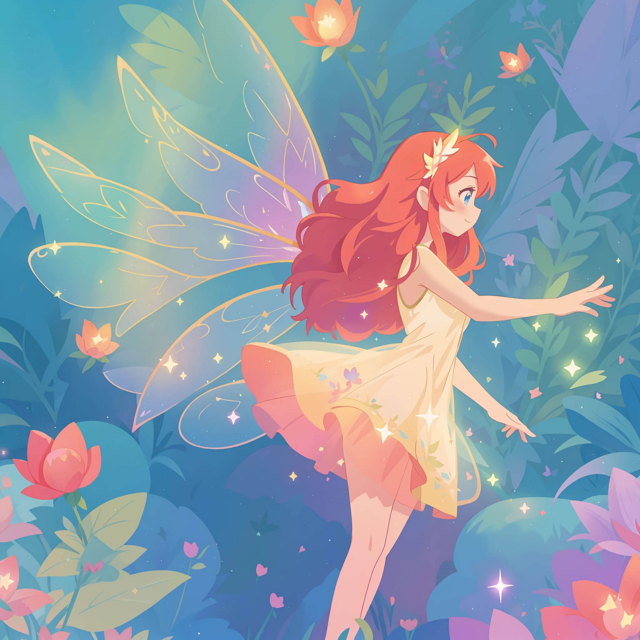 beautiful fairy girl in sparkling flowing dress, fairy dress, (huge sparkling fairy wings), fairy queen, ((magical colorful otherworldly landscape)), (glowing fairy wings), long red colorful hair, sparkling fairy wings, watercolor illustration, flowers and colorful plants, disney art style, glowing aura around her, glowing lights, beautiful digital illustration, fantasia otherworldly landscape plants flowers, beautiful, masterpiece, best quality, anime disney style