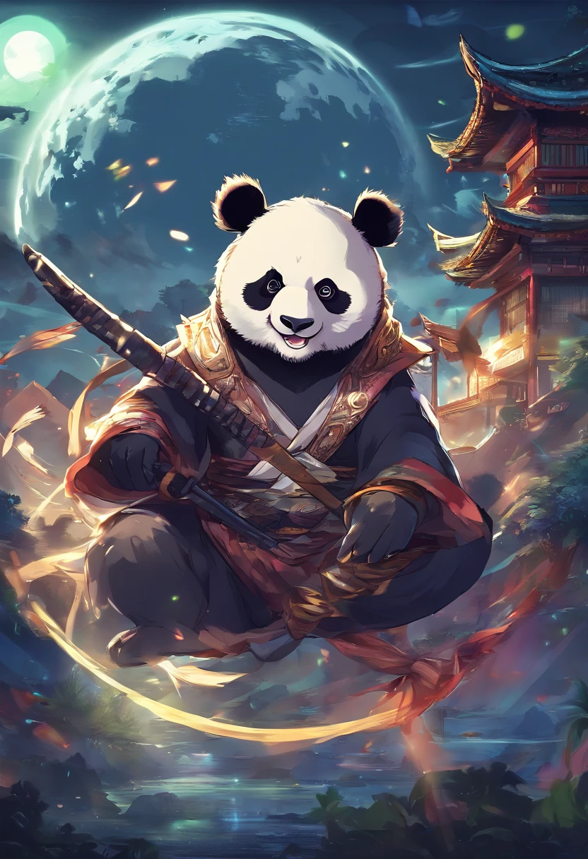 An anime scene with a giant panda as the main character roaring and showing great power., The background is a full moon.。, There are bamboo fighting groups in many areas.,Trends on CGSTATION, Beautiful artistic illustration, Drake-style digital art details, Fantasy anime illustration, Guviz-style artwork, Digital illustration of the poster logo, by Yang J, Durian in different regions, There were also gold and silver coins flying all over the region.. pixiv contest winner, trends on ArtStation Pixiv, Brand product logo 5 stars, Bamboo business, fantasy, The dark side,