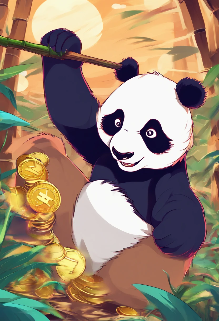 An anime scene with a giant panda as the main character roaring and showing great power., The background is a full moon.。, There are bamboo fighting groups in many areas.,Trends on CGSTATION, Beautiful artistic illustration, Drake-style digital art details, Fantasy anime illustration, Guviz-style artwork, Digital illustration of the poster logo, by Yang J, Durian in different regions, There were also gold and silver coins flying all over the region.. pixiv contest winner, trends on ArtStation Pixiv, Brand product logo 5 stars, Bamboo business, fantasy, The dark side,