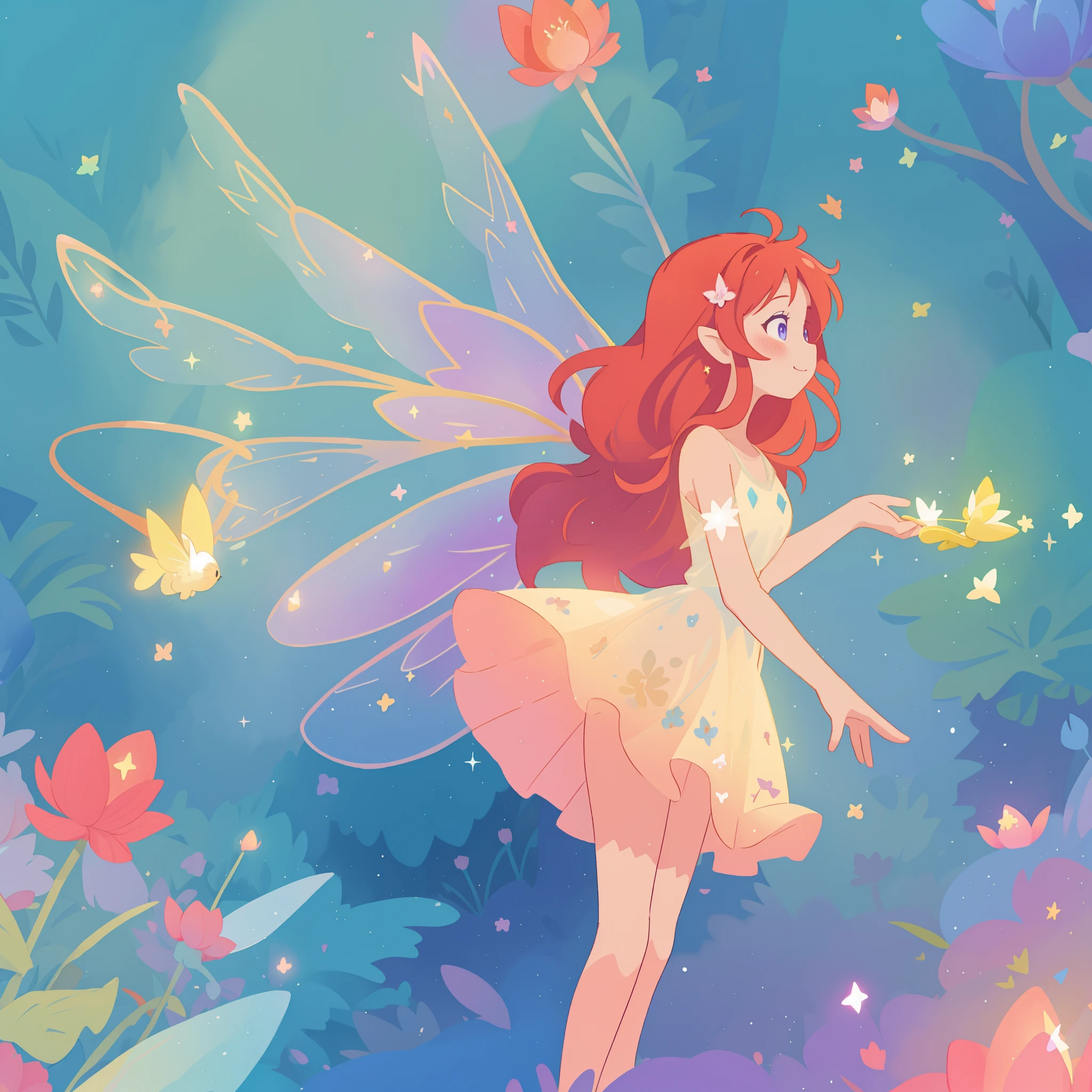 beautiful fairy girl in sparkling flowing dress, fairy dress, (huge sparkling fairy wings), fairy queen, ((magical colorful otherworldly landscape)), (glowing fairy wings), long red colorful hair, sparkling fairy wings, watercolor illustration, flowers and colorful plants, disney art style, glowing aura around her, glowing lights, beautiful digital illustration, fantasia otherworldly landscape plants flowers, beautiful, masterpiece, best quality, anime disney style