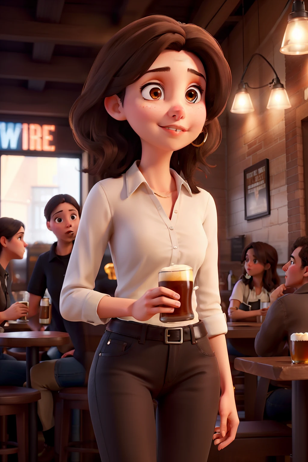 Young white woman, medium dark brown hair, brown eyes wearing jeans and black blouse drinking beer in a New York bar