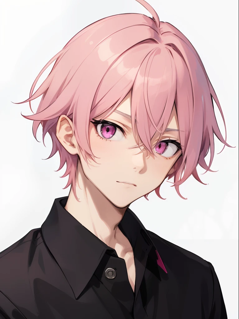 1 male、boy, A pink-haired、pink eyes、neutral expression