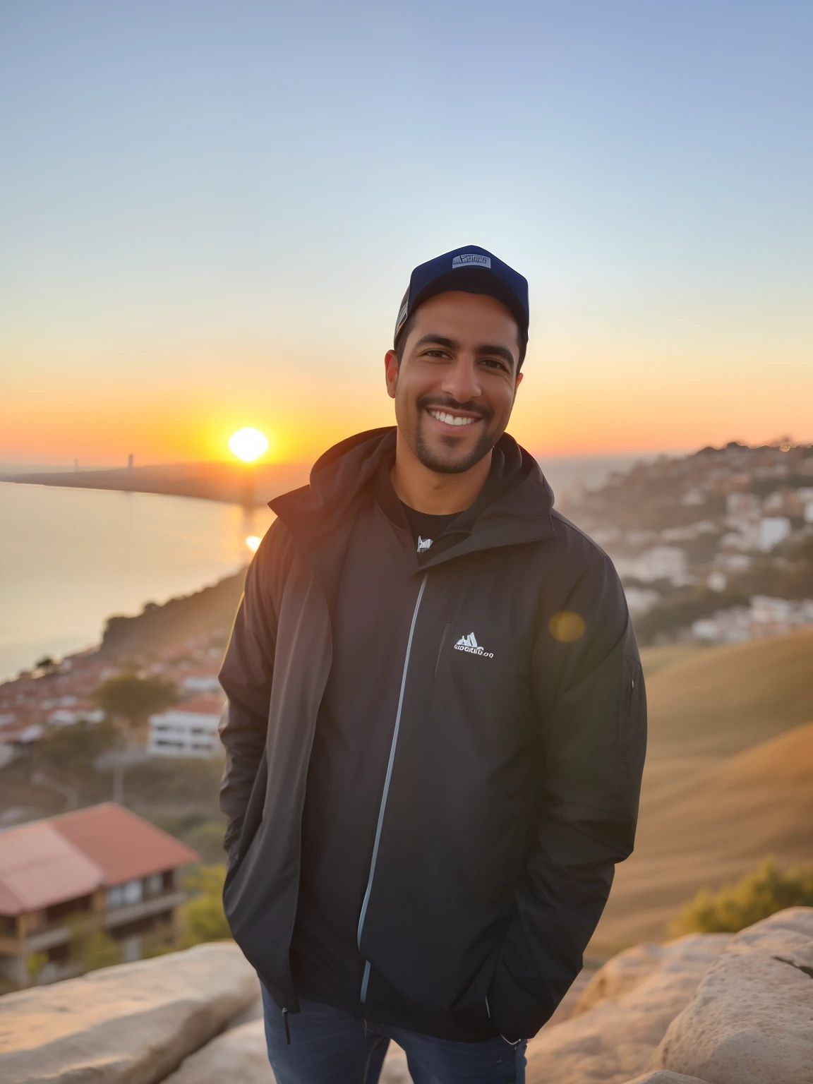 Arafed man standing on a rock with a sunset in the background, sunset in the background, with sunset, sunset in background, Durante a Hora Dourada, in the sunset, during a sunset, Condutor de Ene, at a beautiful sunset, in the sunset, during sunset, with a sunset, Sunset view, Tiro na Hora de Ouro, Notan sol no fundo