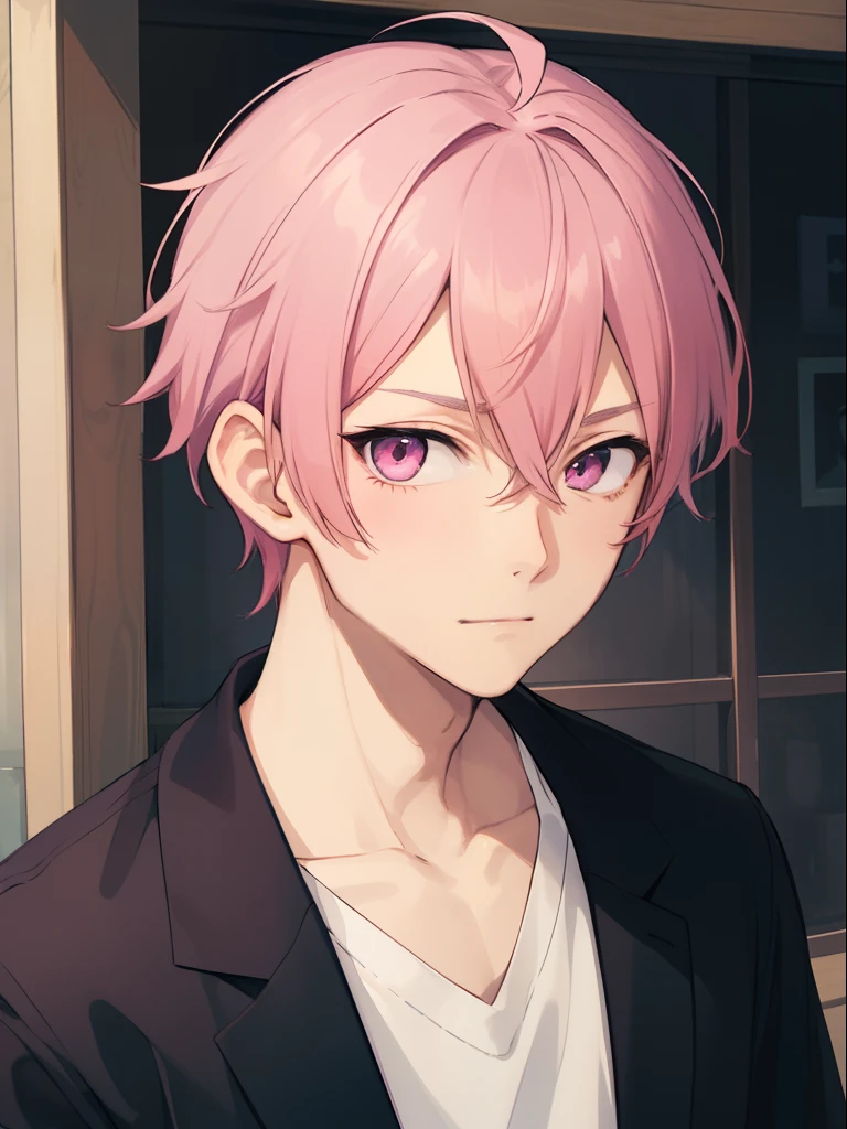 1 male、boy, A pink-haired、pink eyes、neutral expression